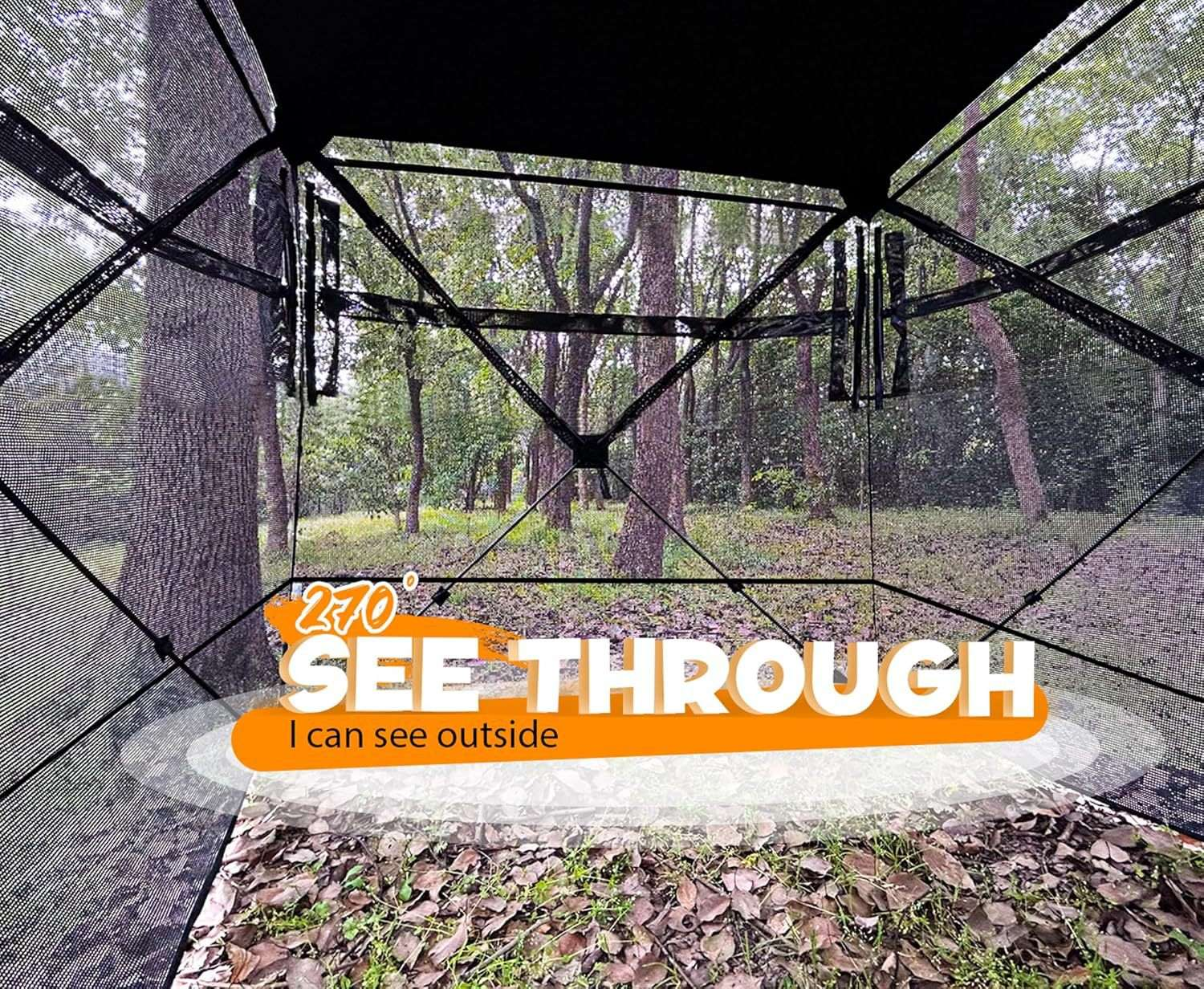 In einem schwarzen Maschenzelt, Blick auf einen Wald durch das Netz. Text: '270 See Through I can see outside'.