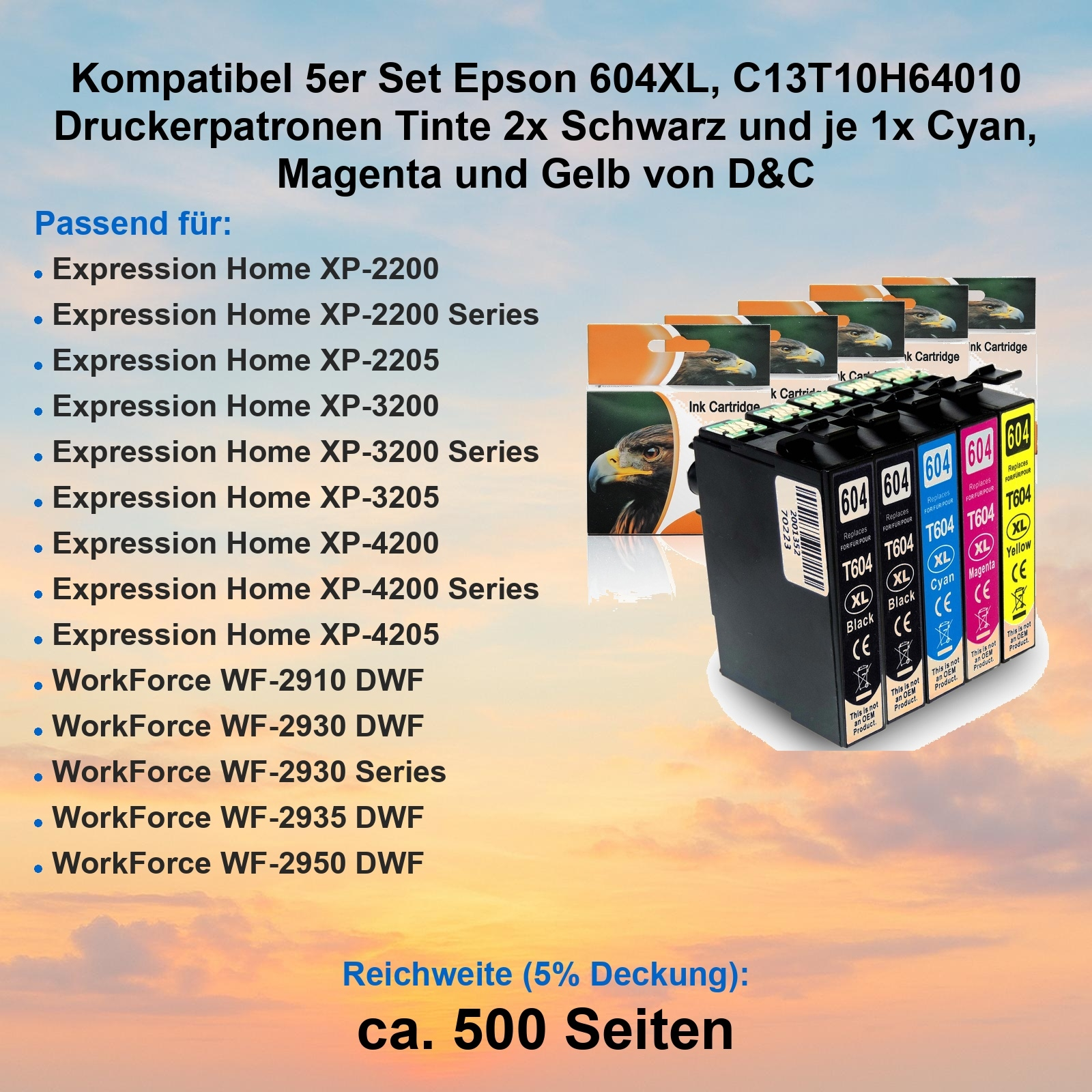 Tintenpatronen-Set für Epson-Drucker. Schwarze, cyan, magenta und gelbe Patronen sind sichtbar.