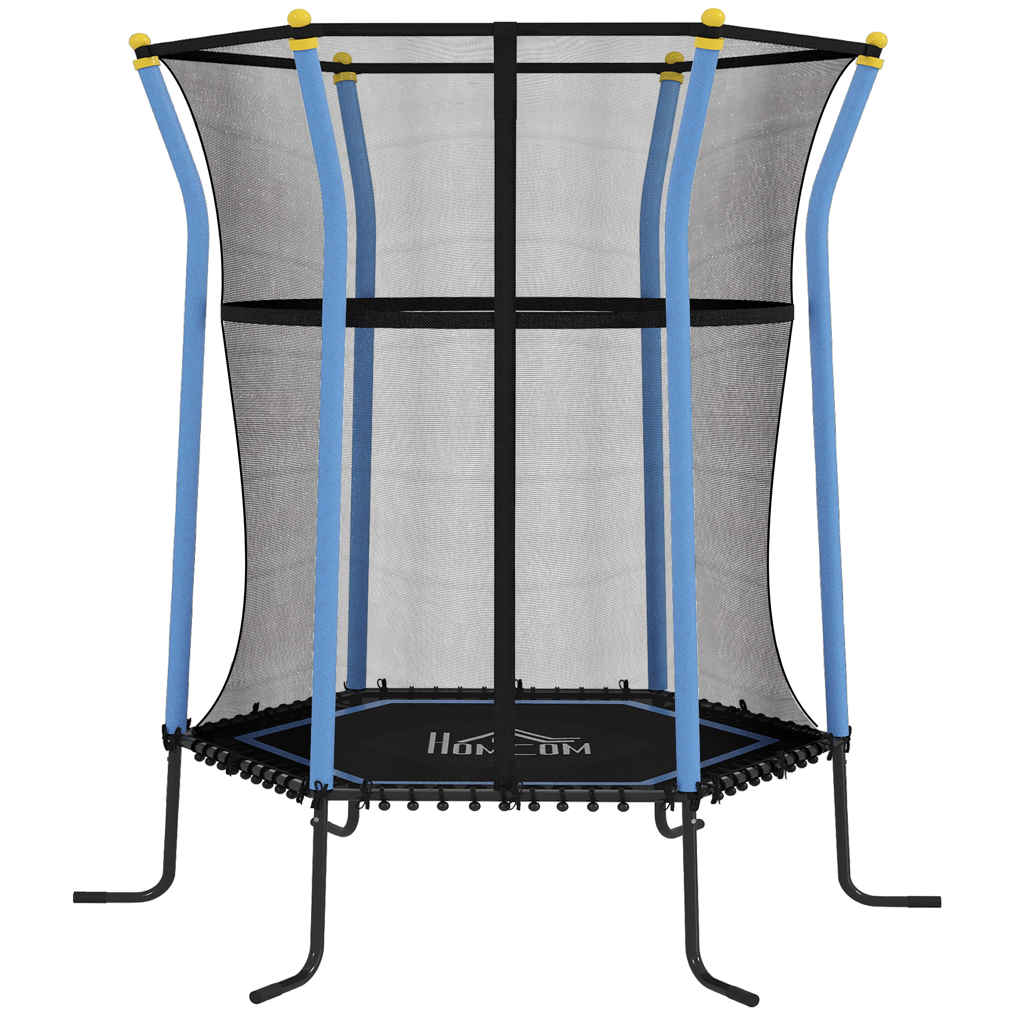 Un nuovo trampolino con rete nera, supporti blu e superficie di salto nera. Isolato su sfondo bianco.