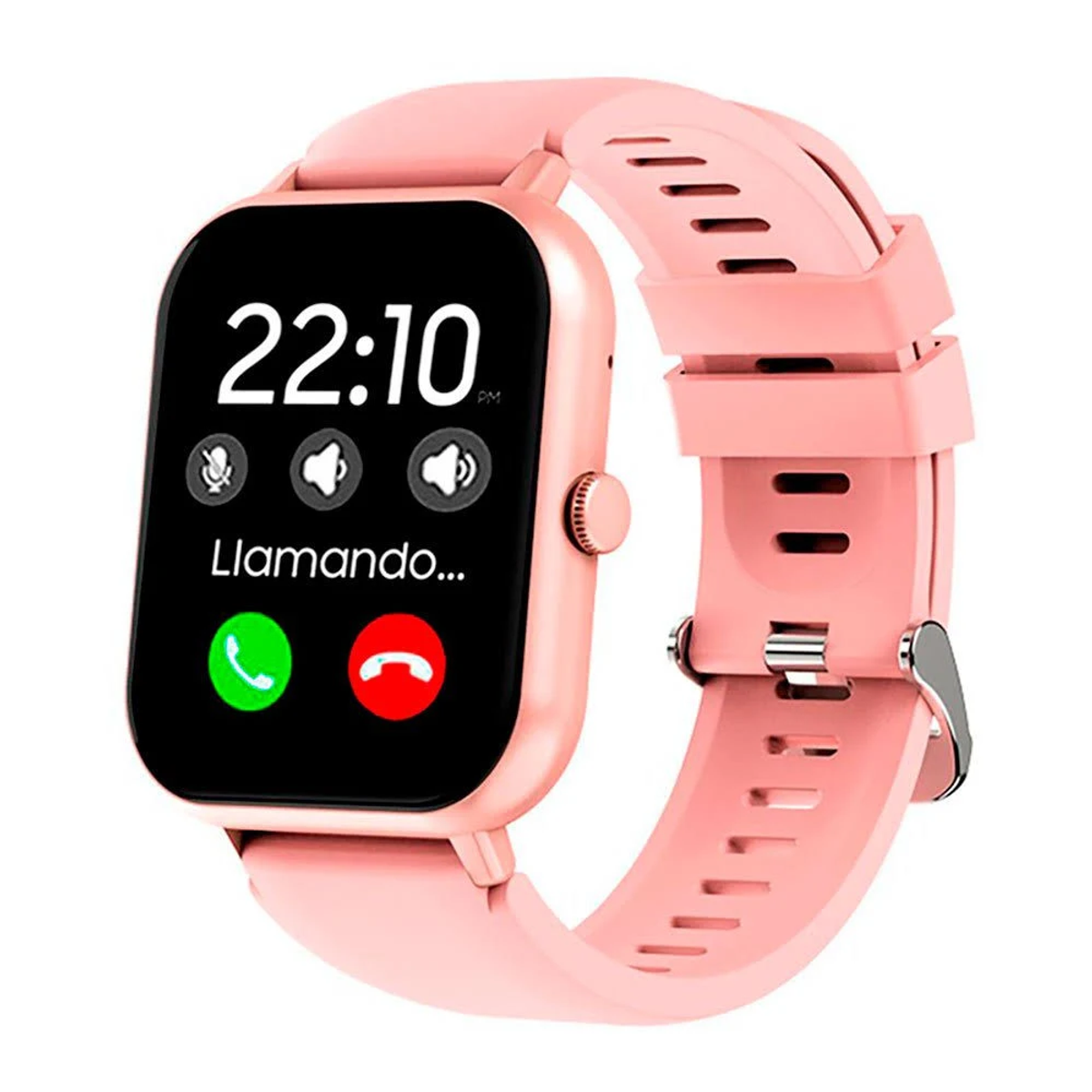 Uno smartwatch rosa mostra le 22:10 e una schermata di chiamata. Anche il cinturino è rosa. L'orologio è su sfondo bianco.
