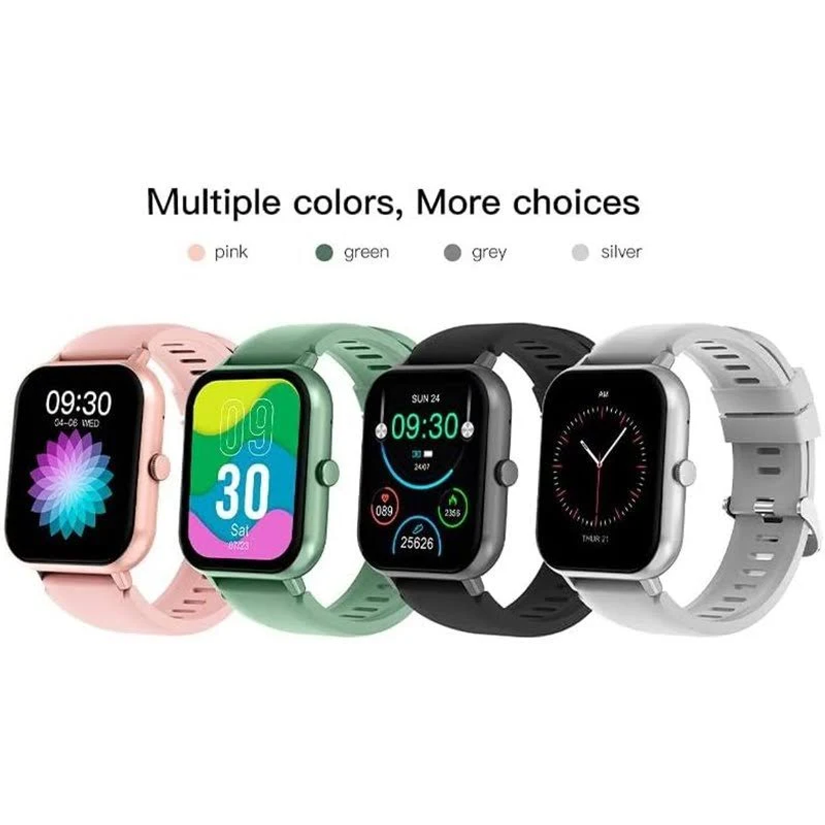 Quattro smartwatch in rosa, verde, grigio e argento. Ognuno mostra orari e date diversi. Il testo sopra dice 'Più colori, più scelte'.