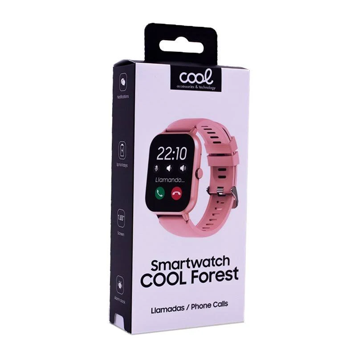Scatola di smartwatch rosa con orologio in mostra. Il quadrante mostra 22:10 e una chiamata. Il marchio è COOL Forest.