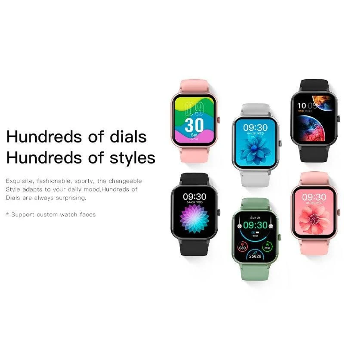 L'immagine mostra vari smartwatch con diversi quadranti, tra cui l'ora e la data. Il testo promuove centinaia di quadranti e stili.