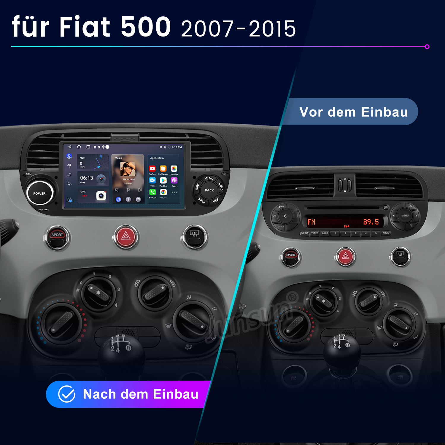 Fiat 500 Armaturenbrett vor und nach dem Einbau eines neuen Infotainment-Systems. Zeigt Radio, Knöpfe und Schalthebel.