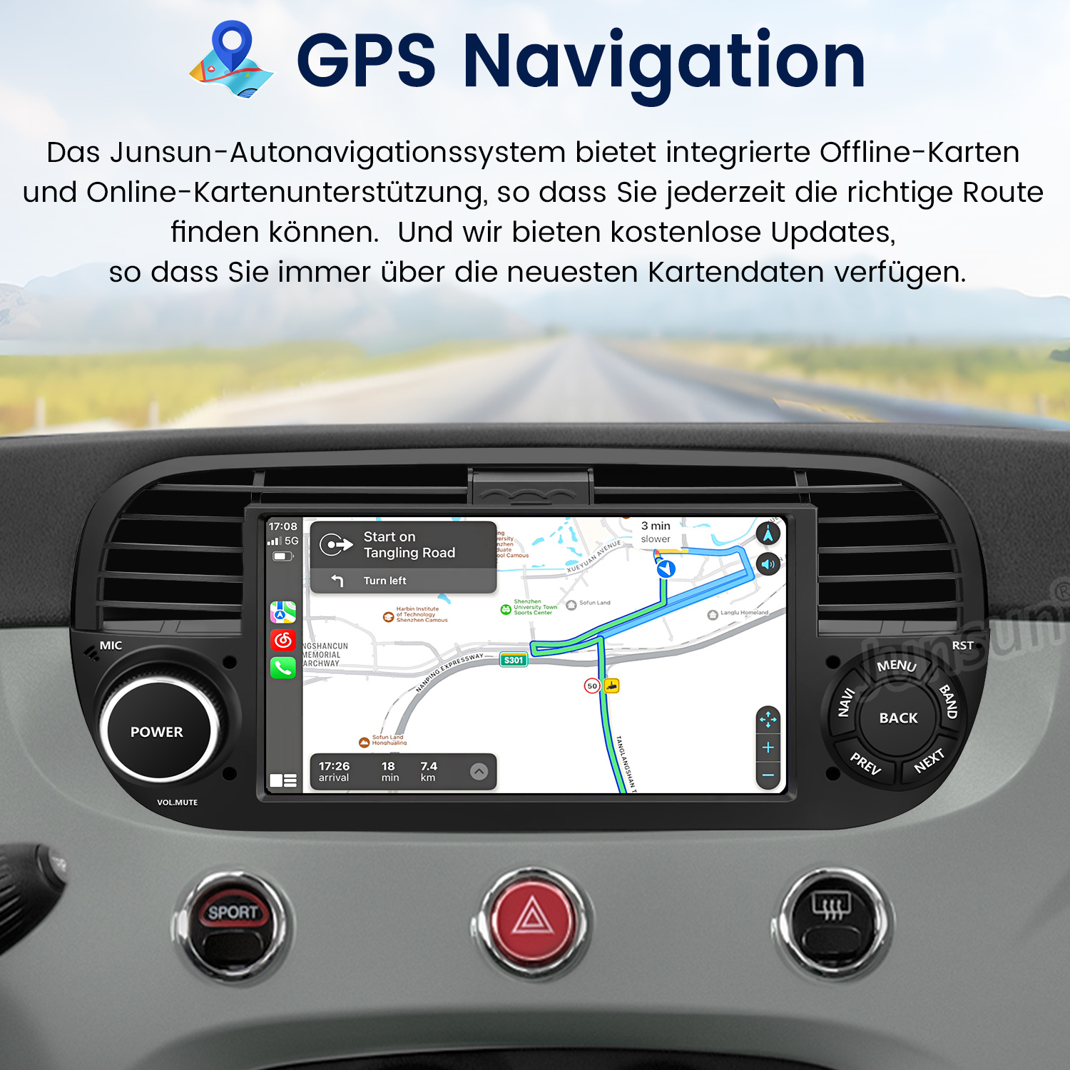 Auto-Armaturenbrett mit GPS-Navigation. Eine Karte wird angezeigt. Tasten sind Power, Menü und Sport.