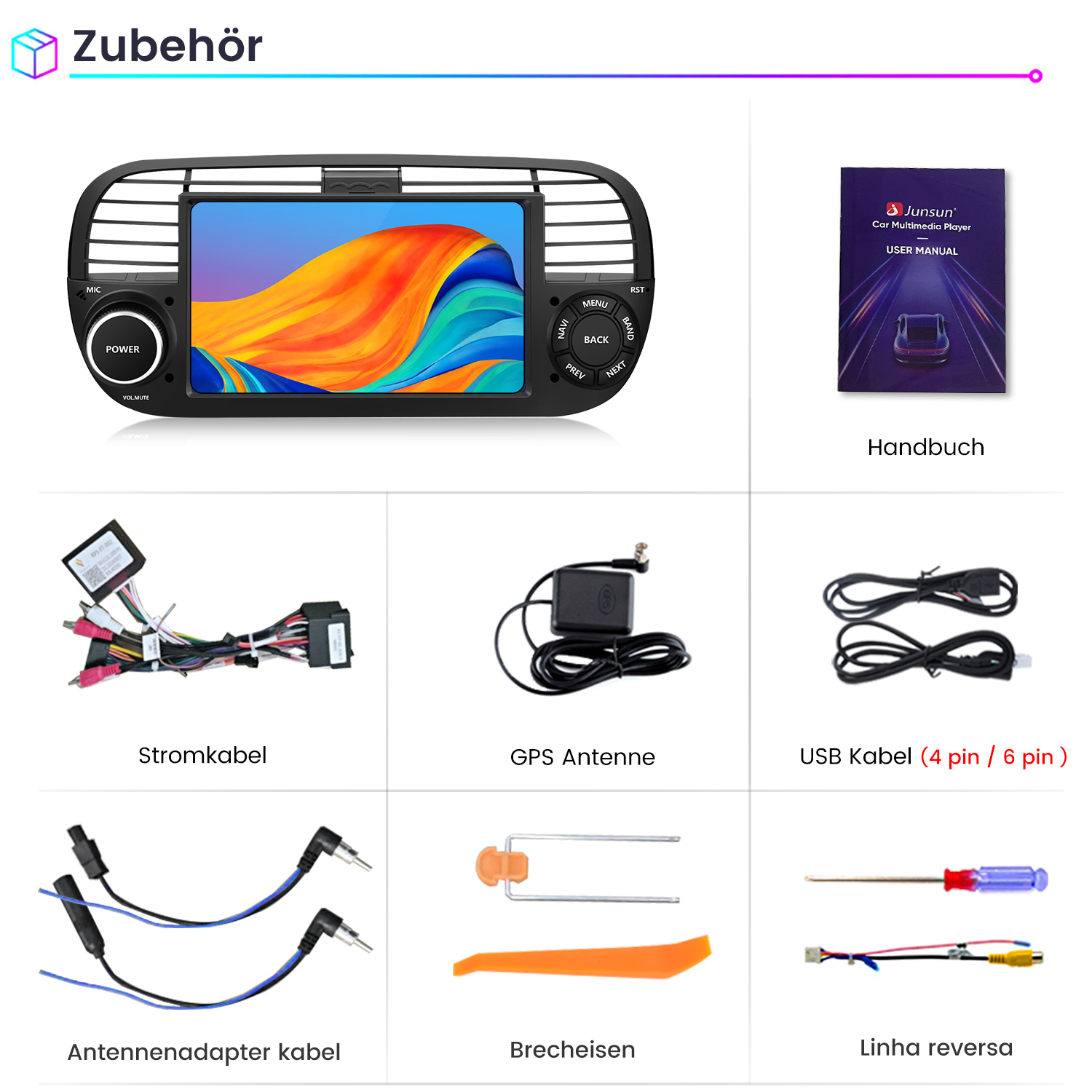 Das Bild zeigt Zubehör für Car-Multimedia-Player. Enthält Player, Handbuch, Kabel, Antenne und Werkzeuge.