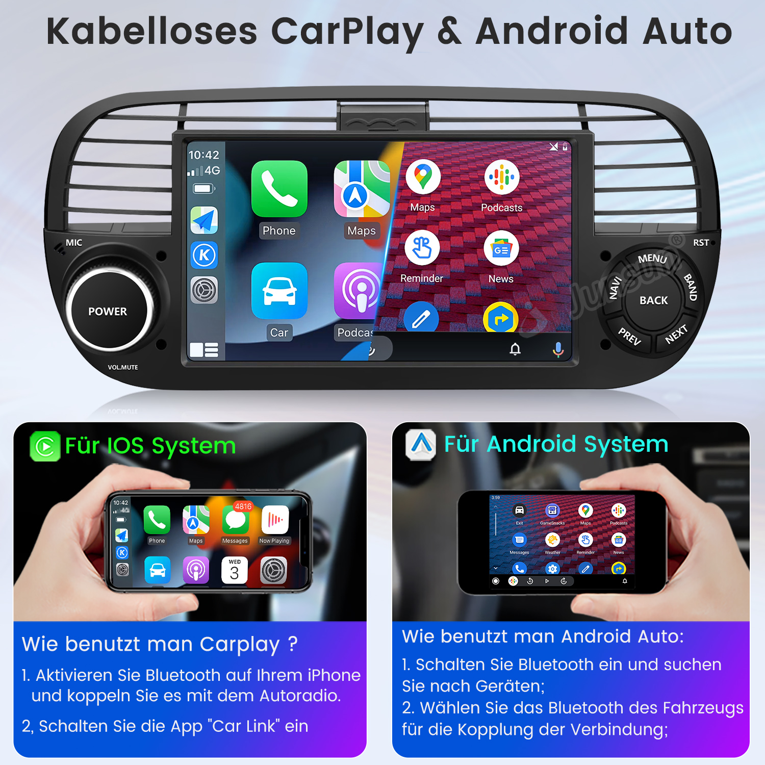 Autoradio-Bildschirm mit App-Symbolen, darunter zwei Handys, eines für iOS und eines für Android, die die Einrichtung erklären.