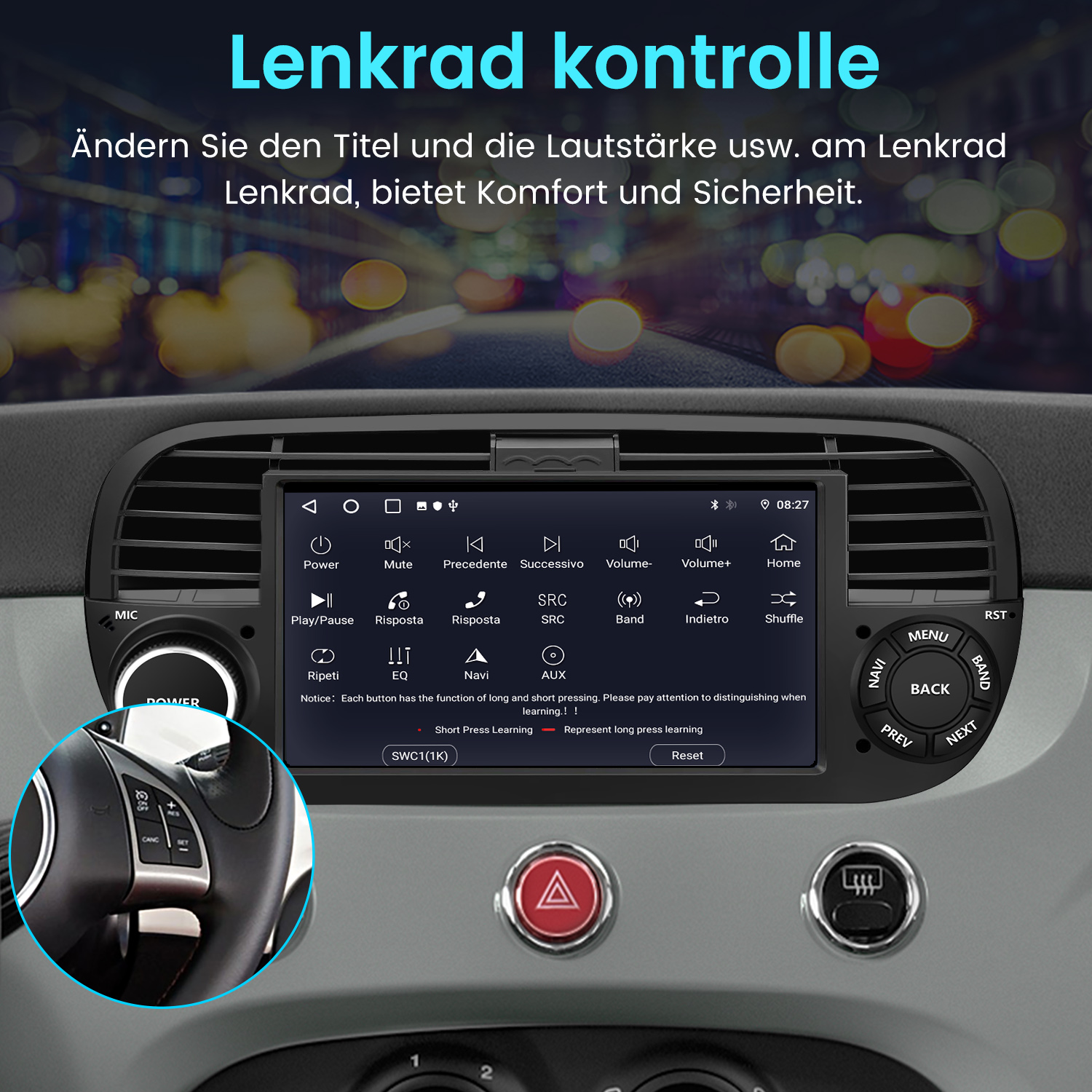 Auto-Armaturenbrett mit Bildschirm und Lenkradbedienelementen. Tasten für Lautstärke, Home und Radio sind sichtbar. Text oben: 'Lenkrad kontrolle'.