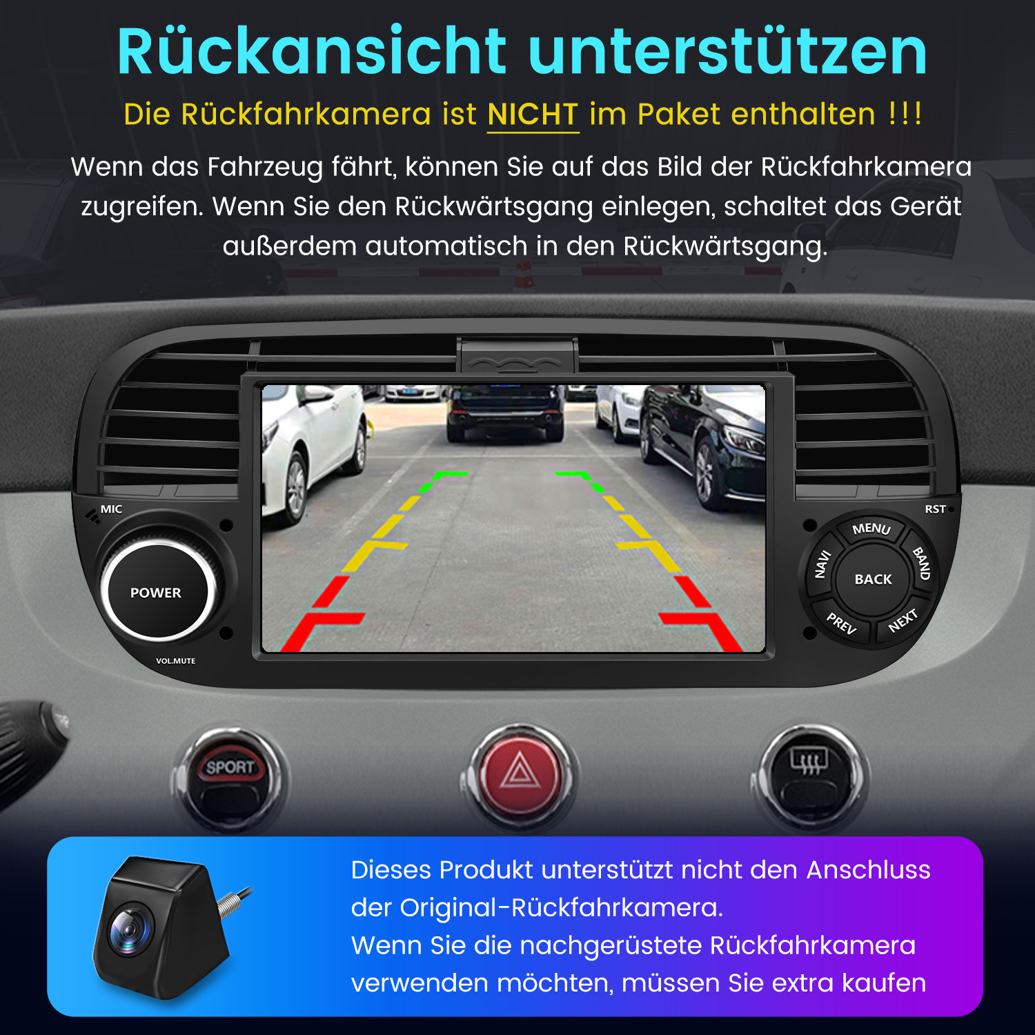 Armaturenbrett mit Rückfahrkamera-Anzeige. Autos im Hintergrund. Knöpfe und eine Kamera sind ebenfalls zu sehen.