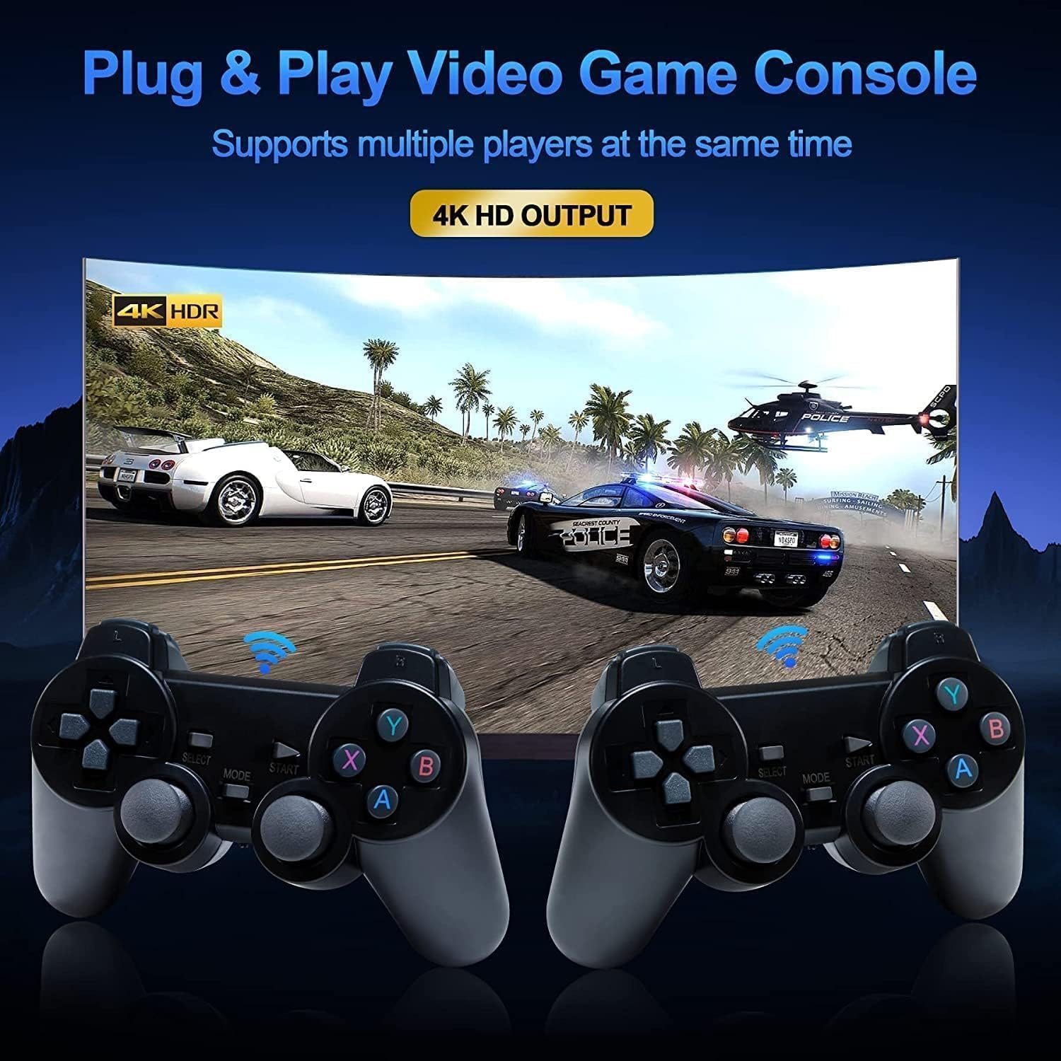 Zwei Gamecontroller vor einem Bildschirm mit Autos und einem Hubschrauber. Oben steht Plug & Play Video Game Console.