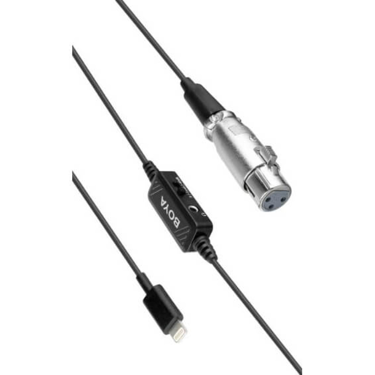 Nahaufnahme eines schwarzen Audiokabels mit XLR-Anschluss, Steuerbox mit 'BOYA'-Logo und Lightning-Anschluss.