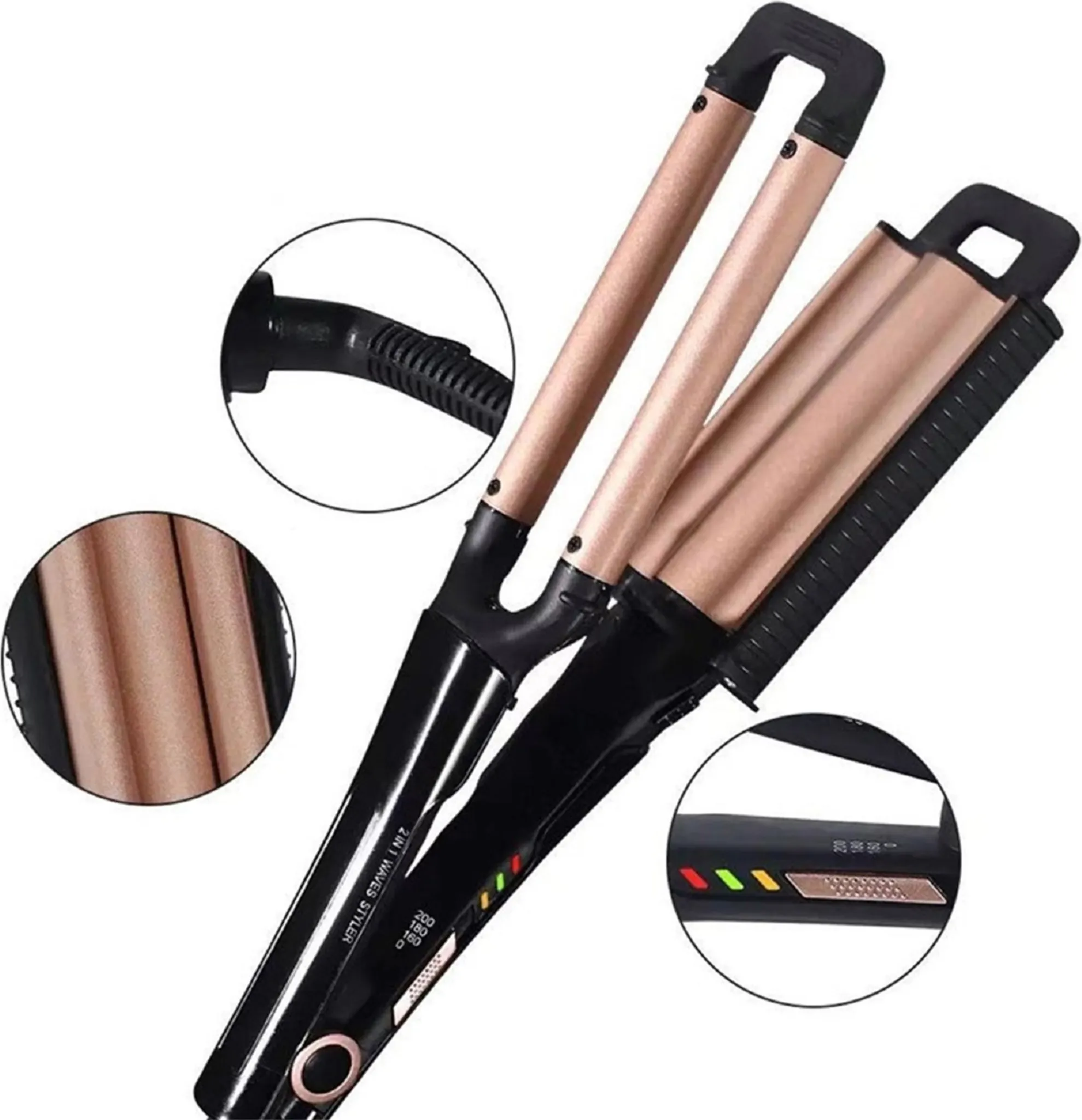 Ein Haarwellengerät mit goldenen Platten und schwarzen Griffen. Es hat einen Einschaltknopf und eine Kontrollleuchte.