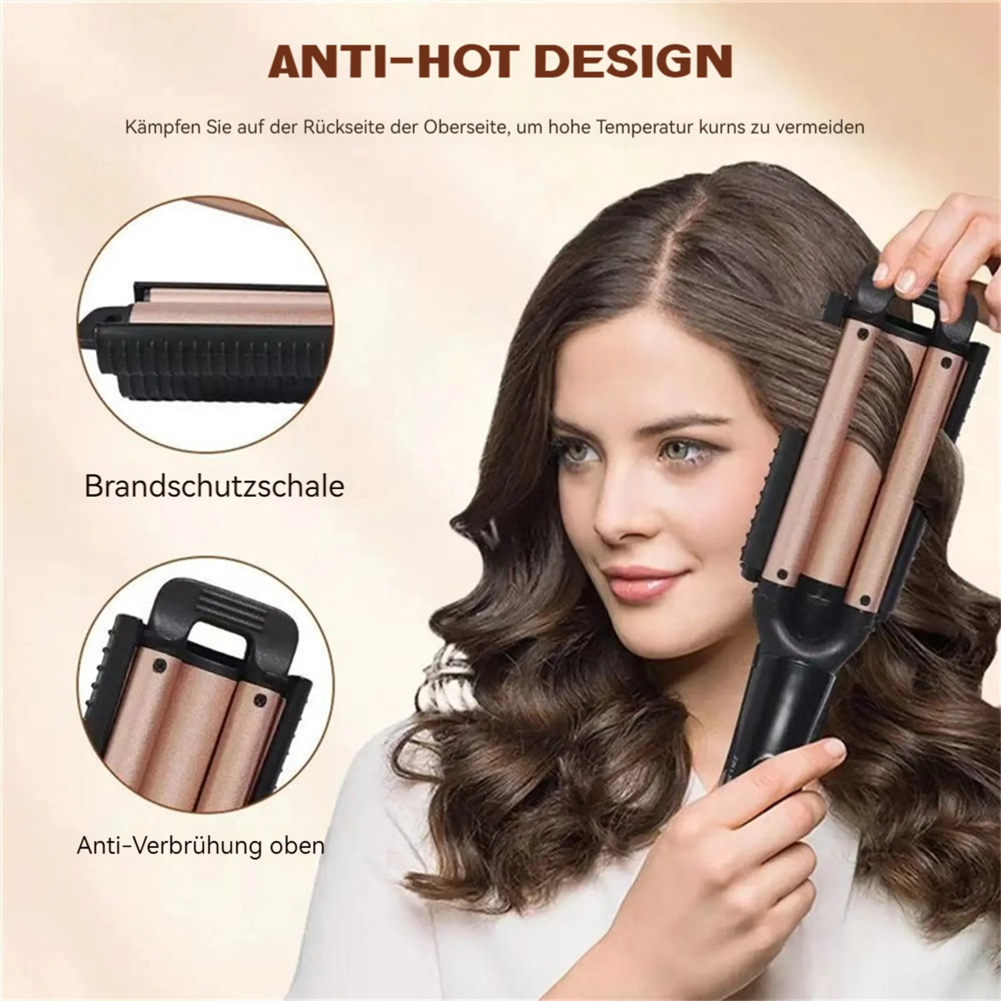 Eine Frau benutzt einen Haarwellenstab. Das Gerät ist schwarz und goldfarben. Der Text im Bild lautet Anti-Hot Design.