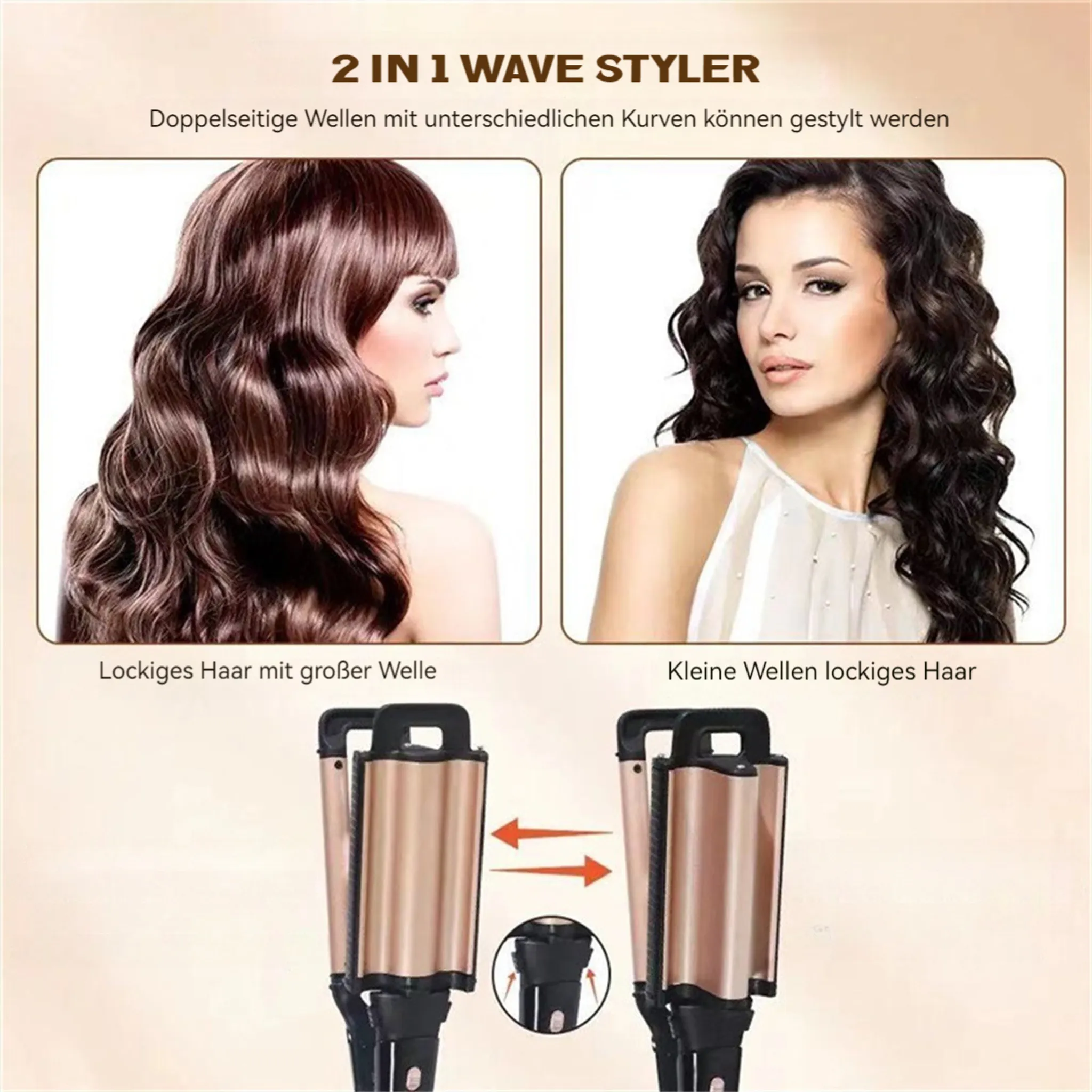 Das Bild zeigt einen 2-in-1-Welleneisen, Frauen mit gewelltem Haar und das Welleneisen selbst. Text auf Deutsch beschreibt das Produkt.