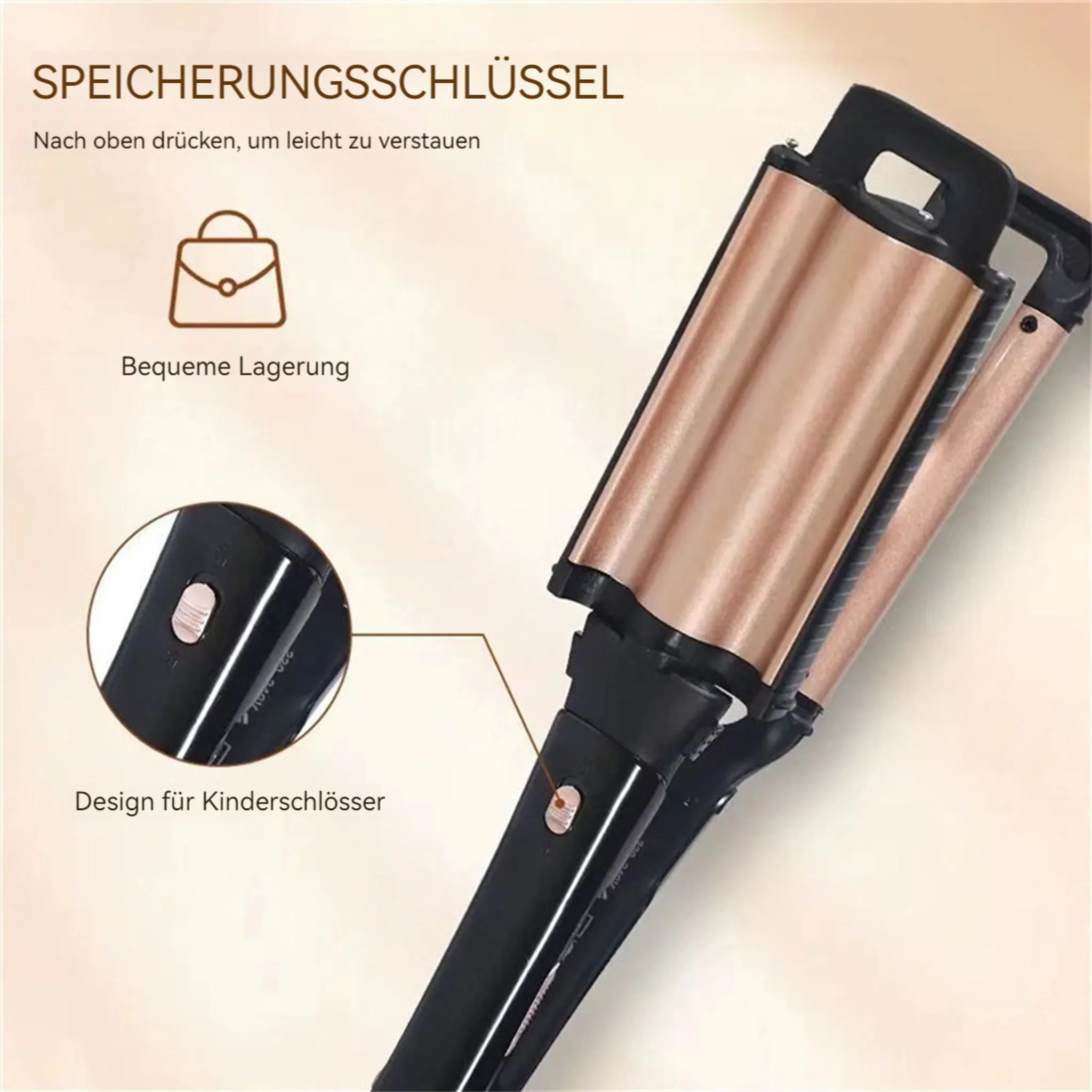 Ein roségoldenes und schwarzes Haarwellengerät. Text auf Deutsch weist auf sichere Aufbewahrung hin.