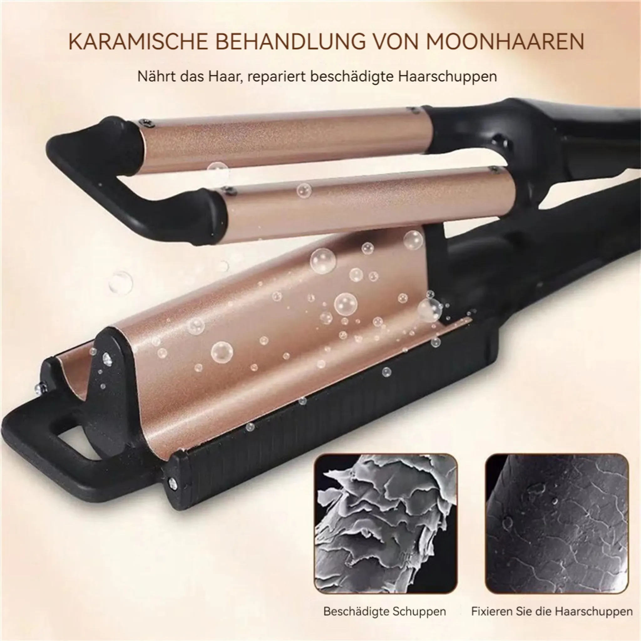 Haarstyling-Werkzeug mit Bronze- und Schwarzdesign, zur Reparatur von geschädigtem Haar. Blasen vorhanden.