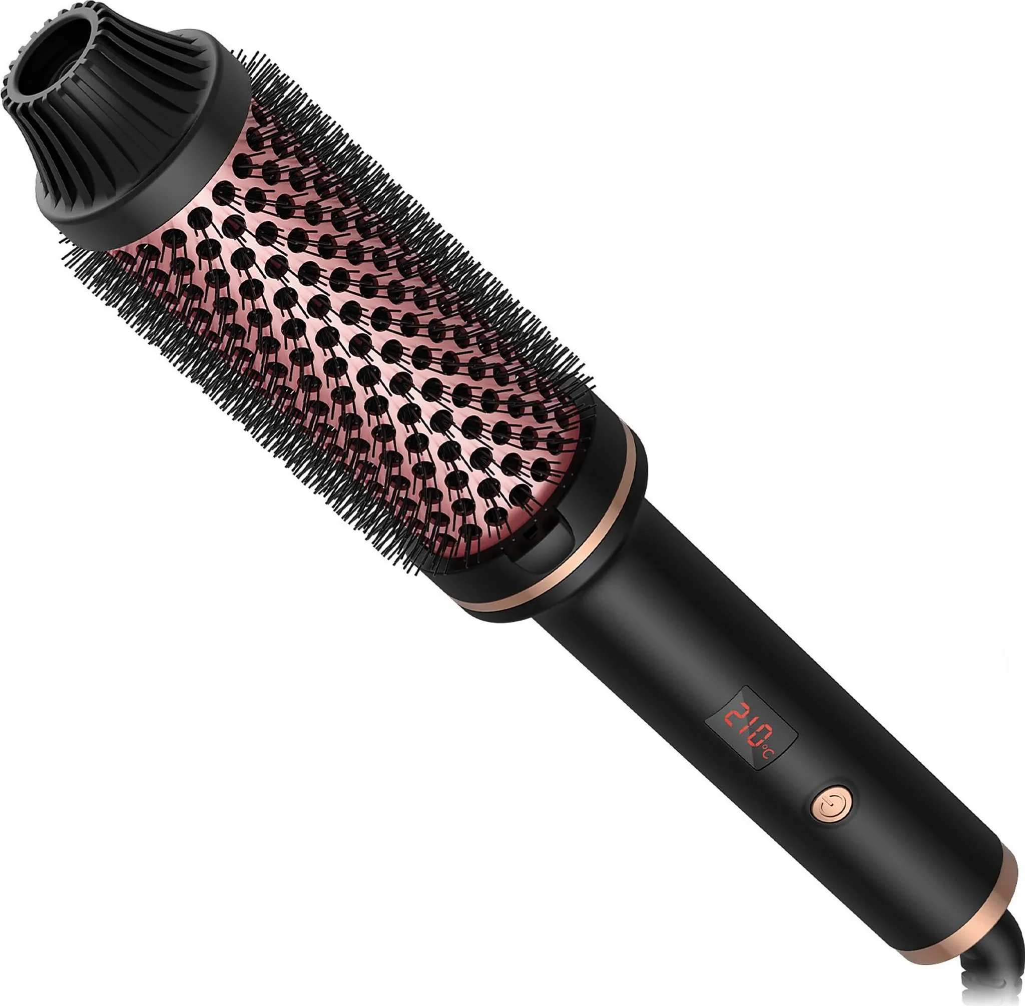Eine schwarz-roségoldene Haarstylingbürste. Sie hat eine Digitalanzeige mit 210 °C und eine Ein-/Aus-Taste.