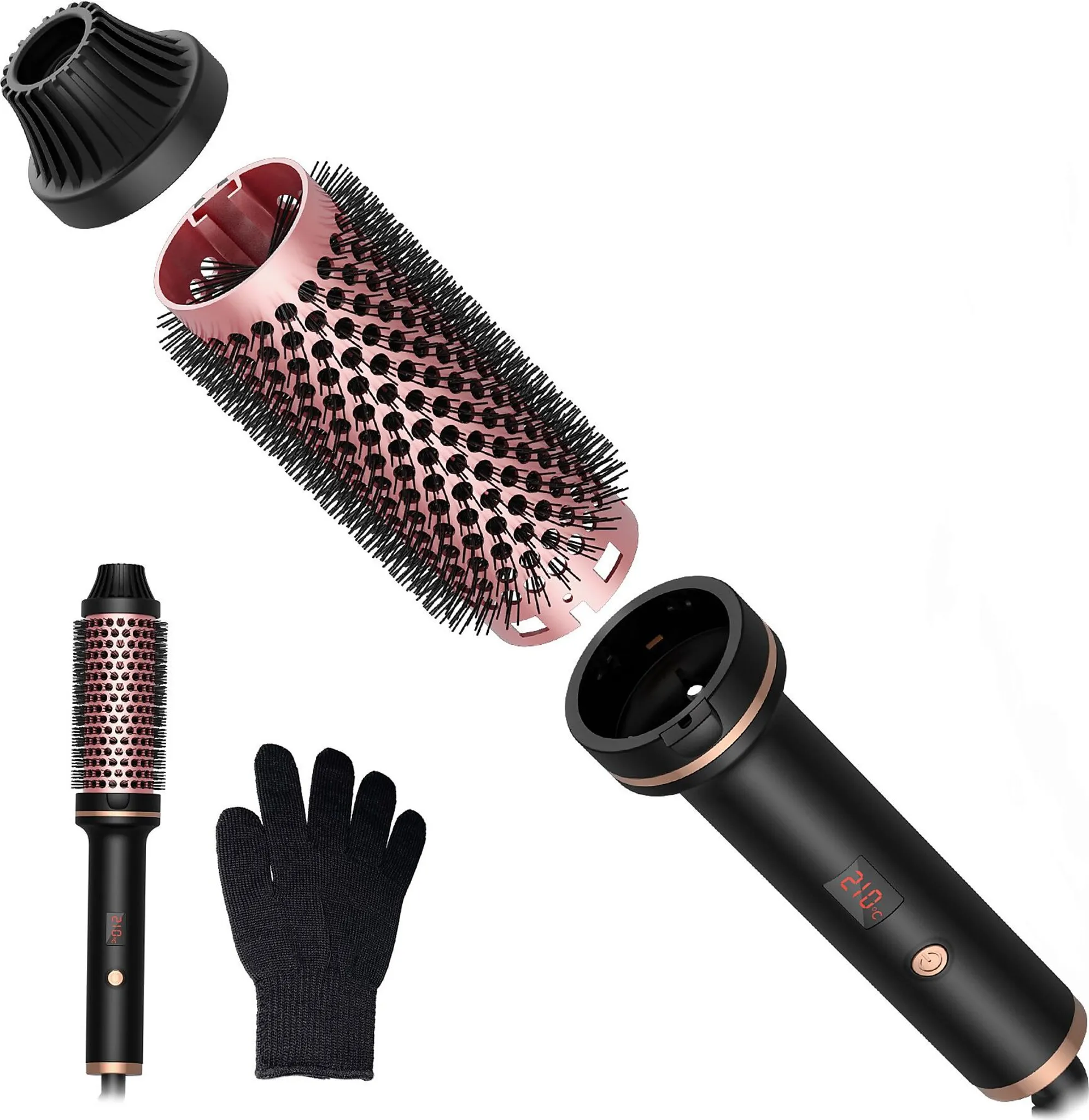 Haarstyling-Werkzeug mit abnehmbaren Teilen: Lauf, Griff und ein schwarzer Schutzhandschuh. Der Lauf hat Borsten.
