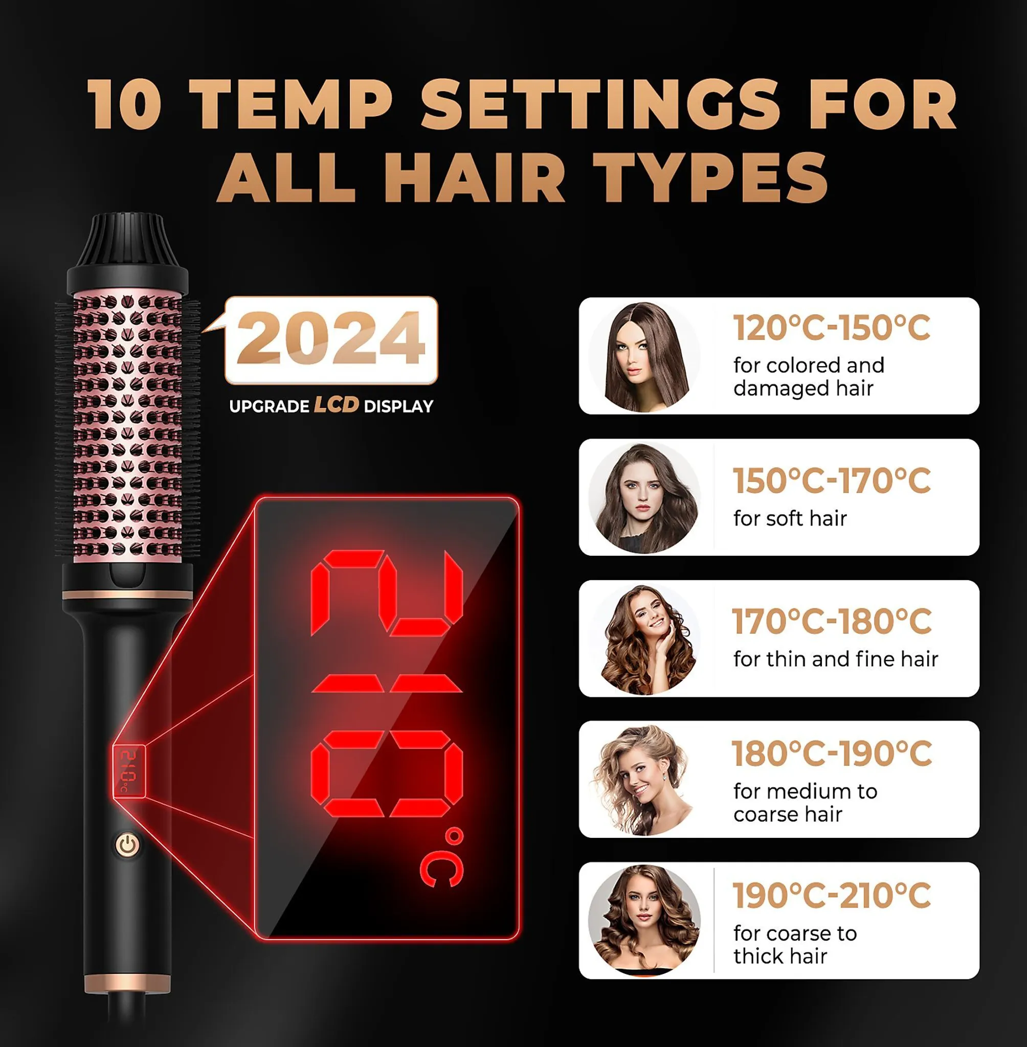 Haarstyling-Tool mit digitaler Anzeige der Temperatur, verschiedene Haartypen mit Temperatureinstellungen, schwarzer Hintergrund.