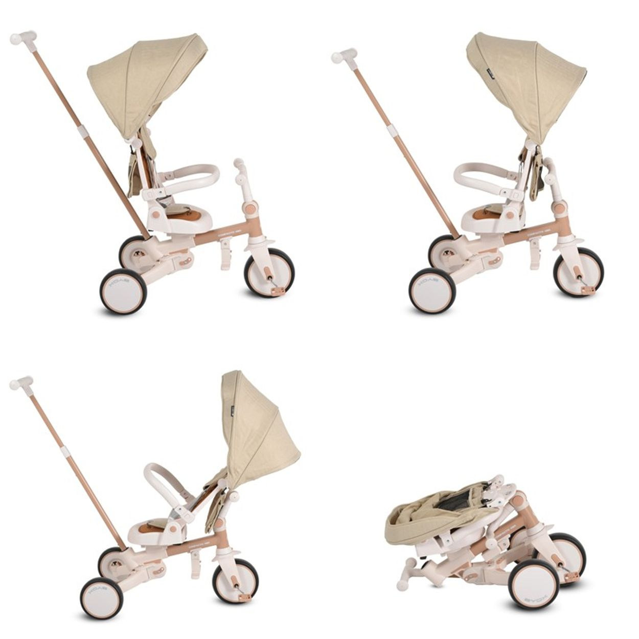 Ein beige-weißes Dreirad mit Sonnenschutz. Das Dreirad wird aus verschiedenen Blickwinkeln gezeigt, einschließlich gefaltet.