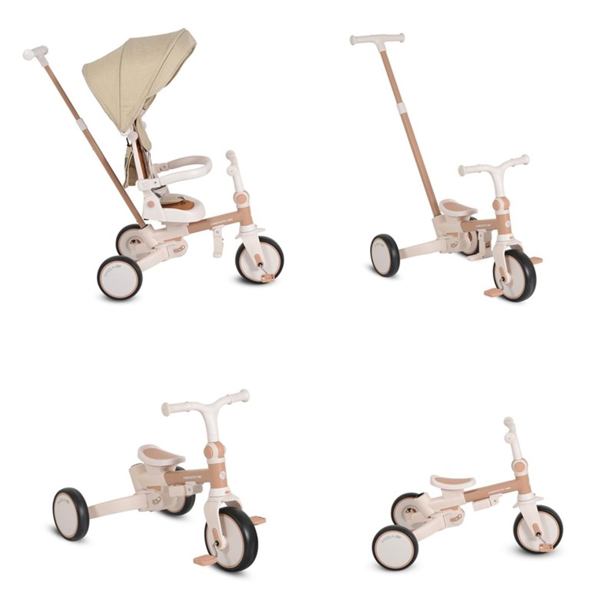 Vier Ansichten eines beige-weißen Baby-Dreirads mit Verdeck und Elternteil-Griff. Räder sind schwarz und weiß.