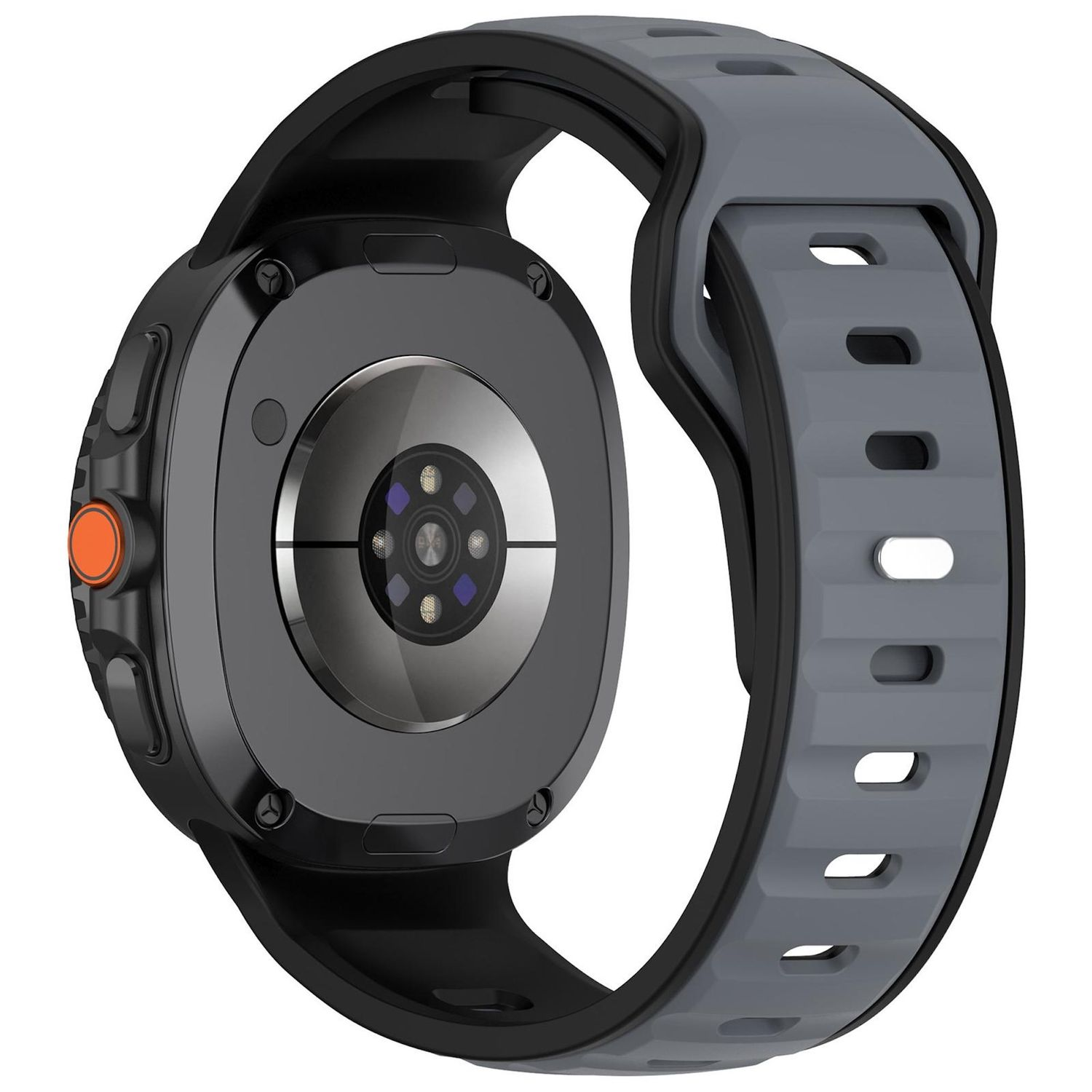 Nahaufnahme einer schwarzen Smartwatch mit grauem Armband. Die Rückseite der Uhr zeigt Sensoren. Eine orangefarbene Taste ist sichtbar.