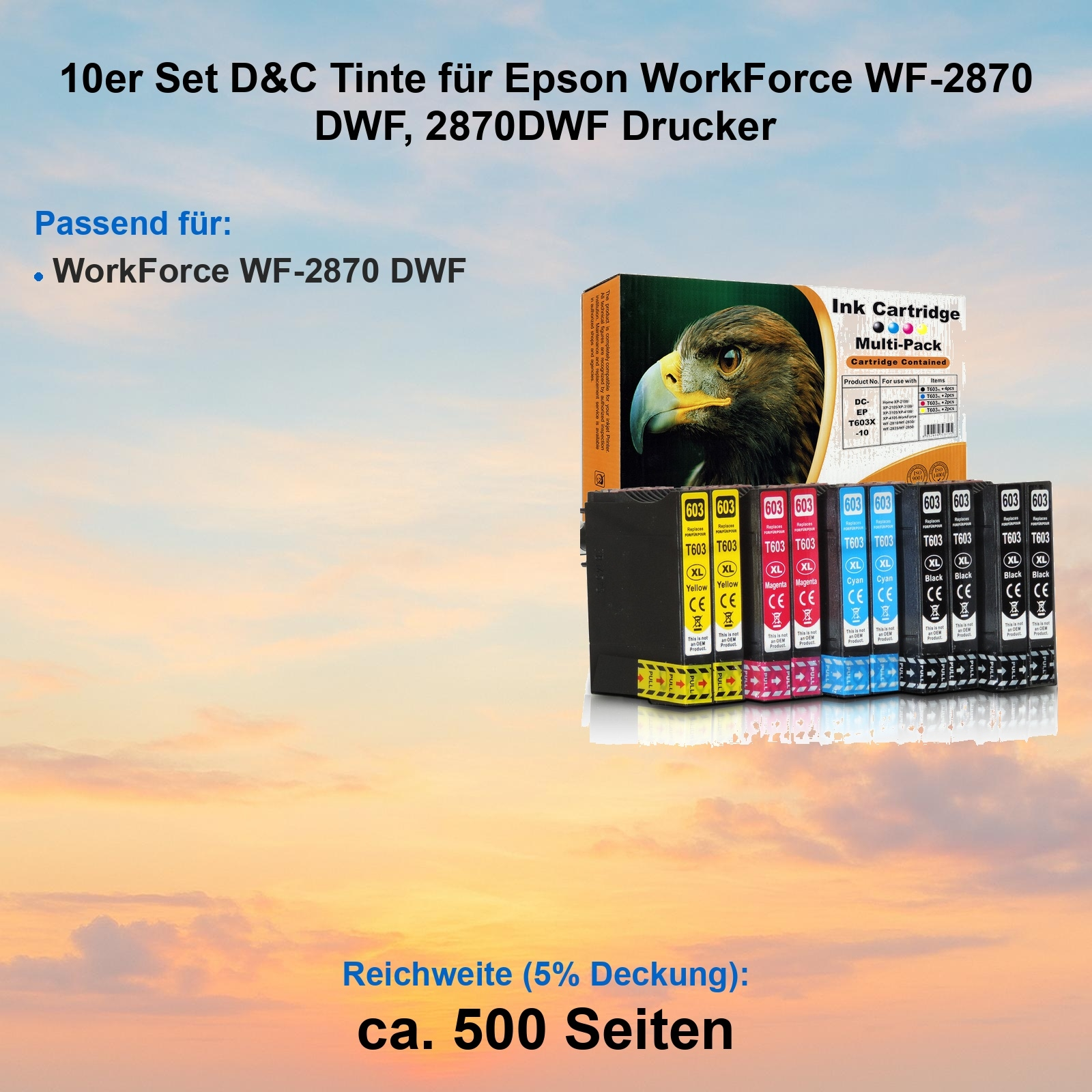 Tintenpatronen-Multipack für Epson-Drucker. Enthält gelbe, magenta, cyan und schwarze Patronen.