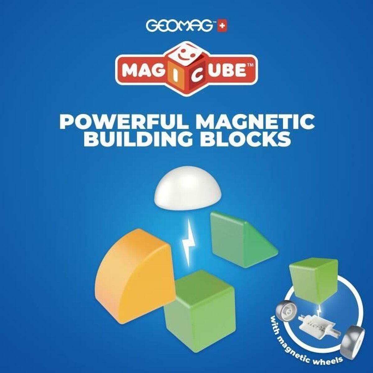 L'immagine mostra i blocchi di costruzione Geomag Magcube. Ha blocchi colorati, una cupola bianca e un simbolo del fulmine. Il testo dice 'Powerful Magnetic'.