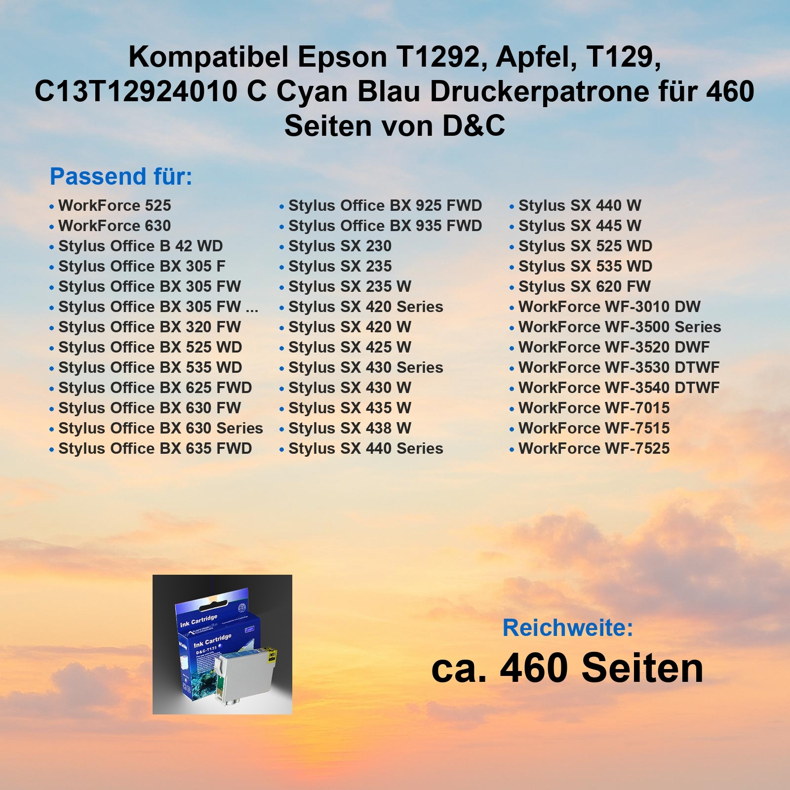 Werbung für eine Tintenpatrone, kompatibel mit Epson-Druckern, mit einem Bild der Patrone.