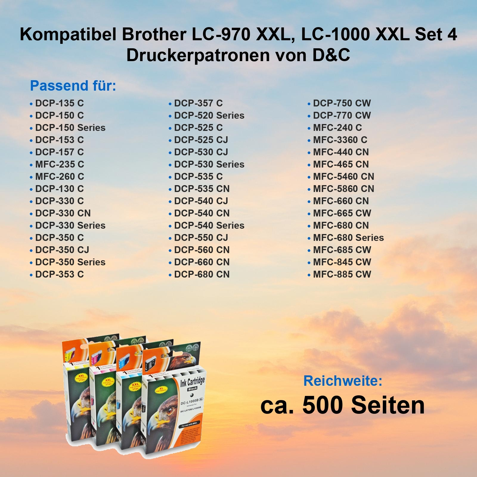 Das Bild zeigt Druckerpatronen mit einer Liste kompatibler Drucker und Text zur Seitenleistung.