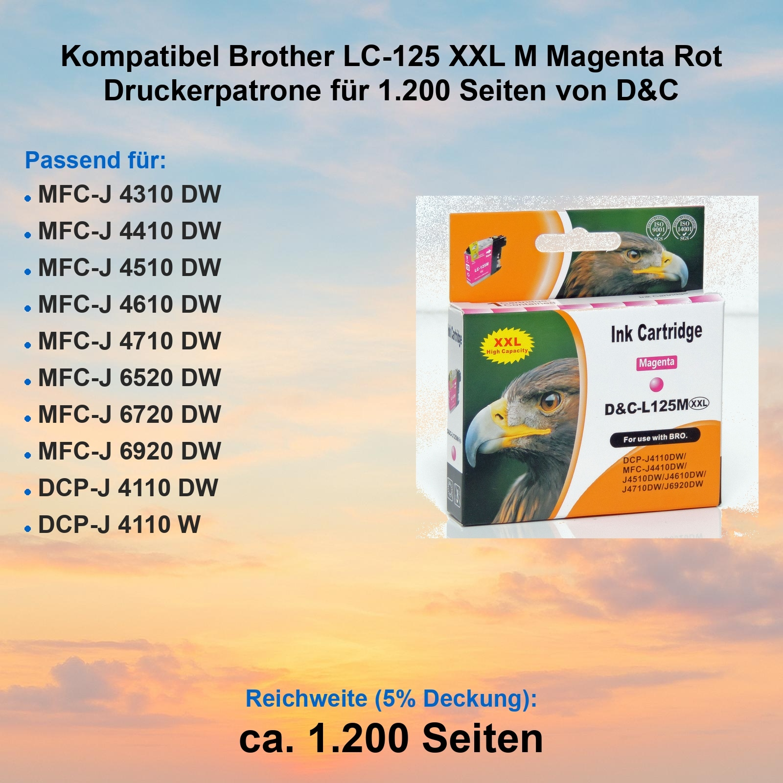 Eine magenta Tintenpatronenbox mit einem Adler. Text: Kompatibel Brother LC-125 XXL. Für verschiedene Brother-Drucker.