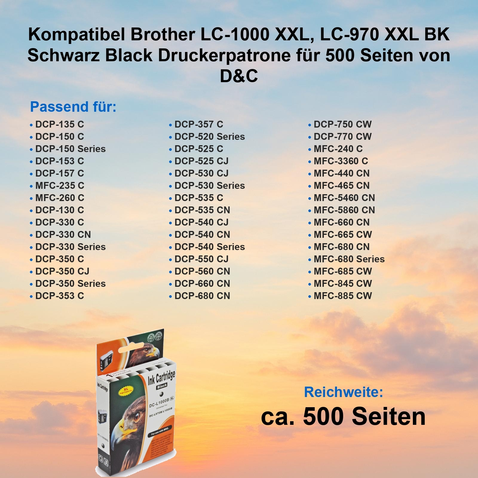 Eine Tintenpatronenbox mit Text und einer Liste kompatibler Drucker. Der Text zeigt 500 Seiten an.