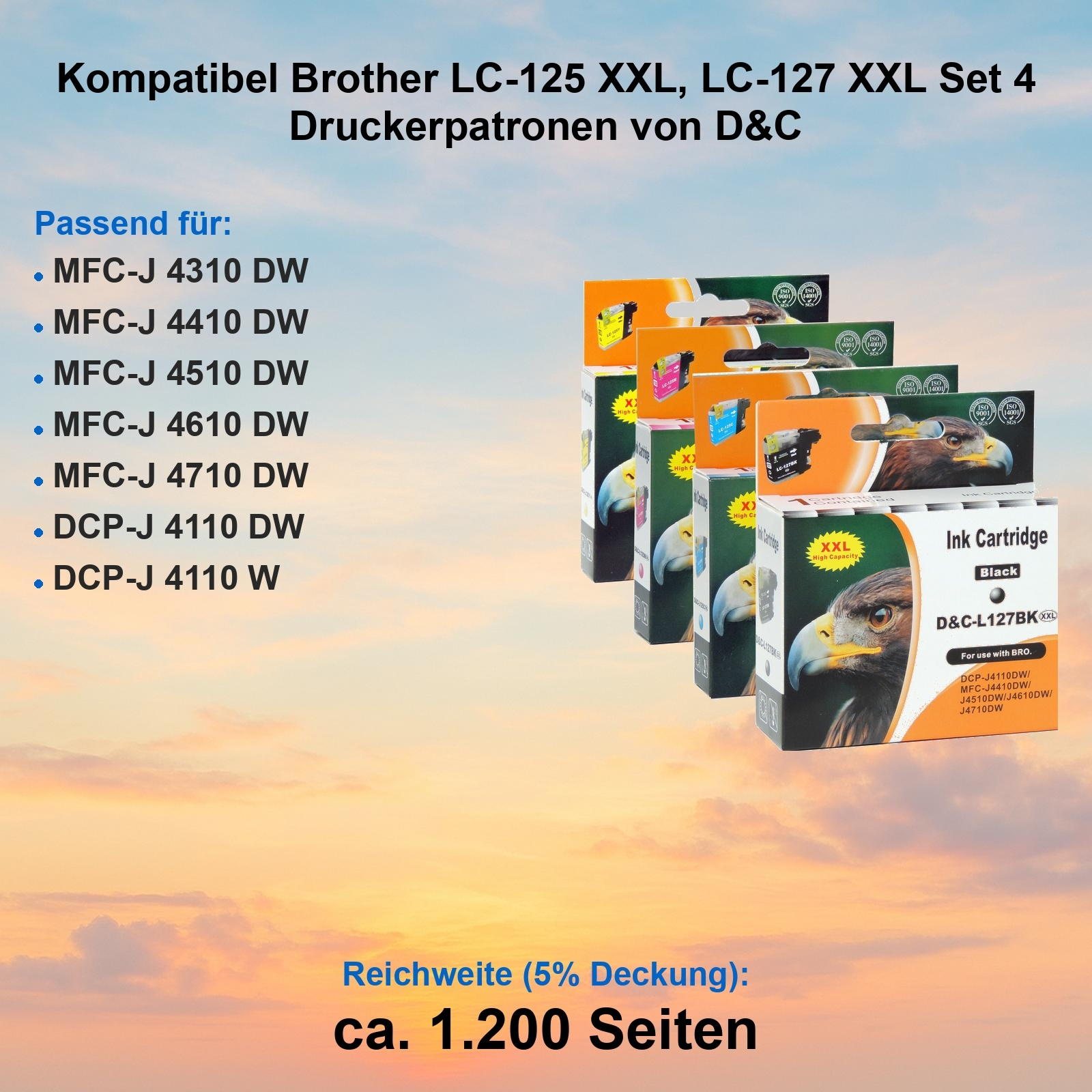 Das Bild zeigt Tintenpatronen. Text beinhaltet Produktdetails, kompatible Drucker und Seitenleistung.