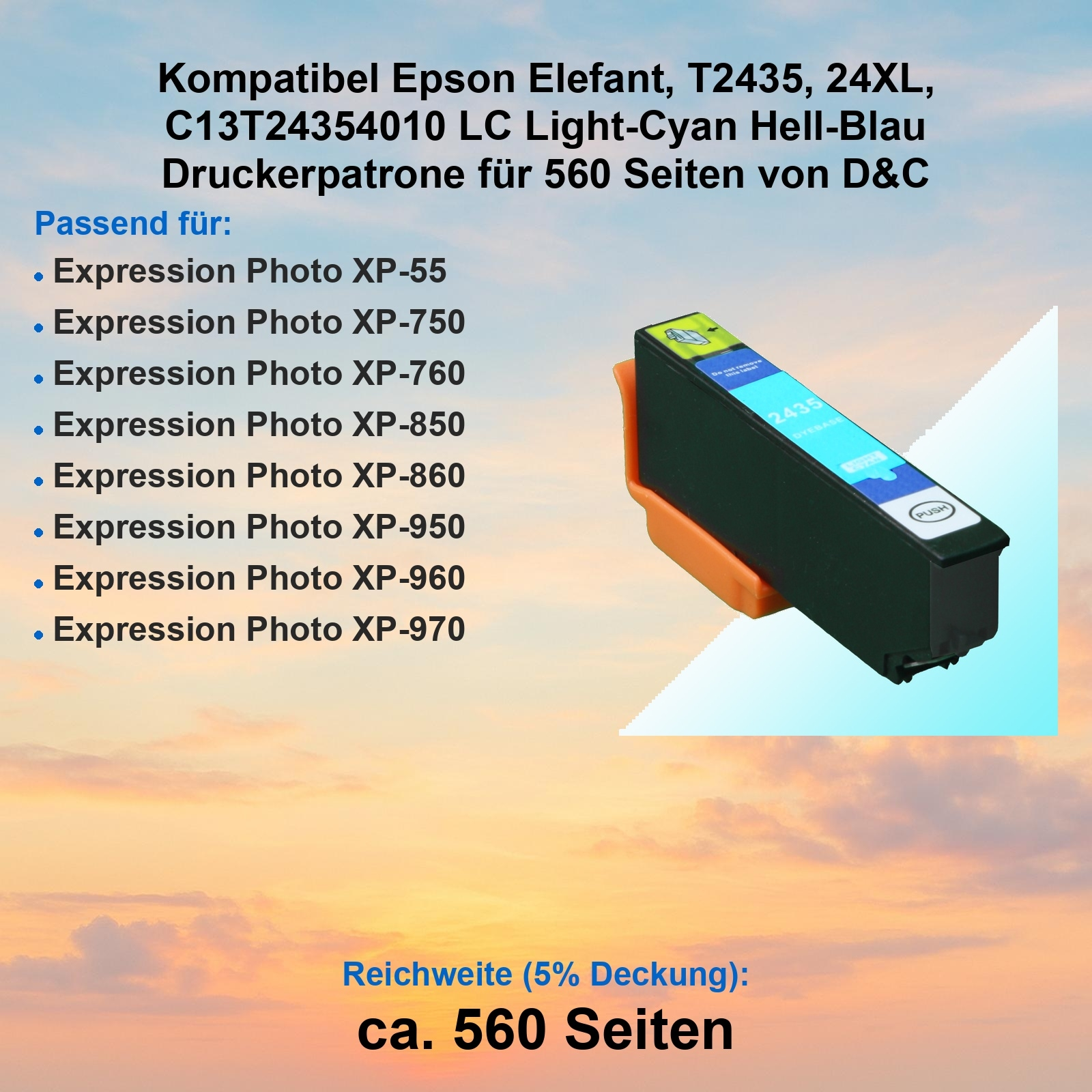 Das Bild zeigt eine Epson-Druckerpatrone mit Produktinformationen und eine Liste kompatibler Drucker.