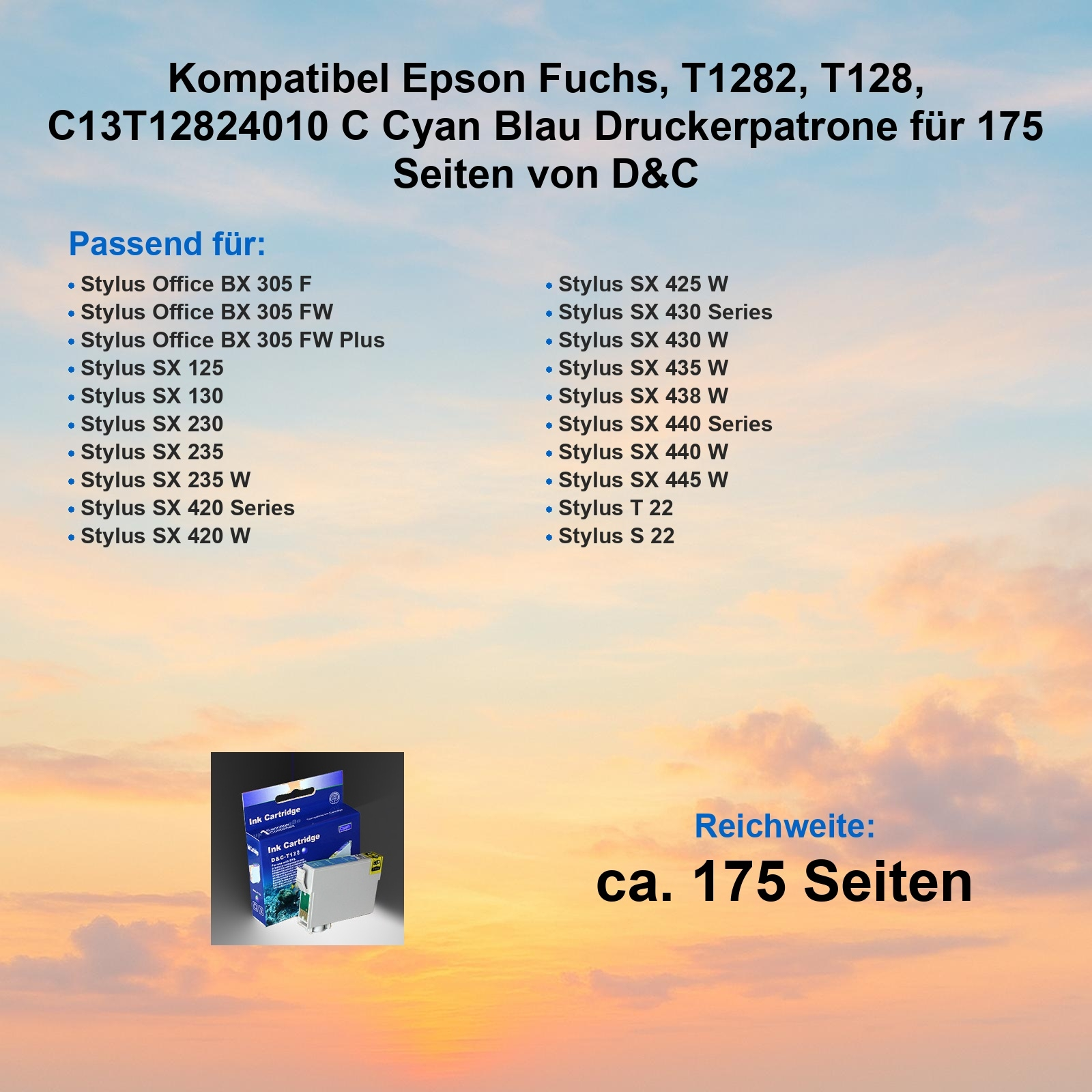 Das Bild zeigt eine Epson-Tintenpatronenbox mit cyanfarbener Tinte. Text listet kompatible Druckermodelle und Seitenzahl.