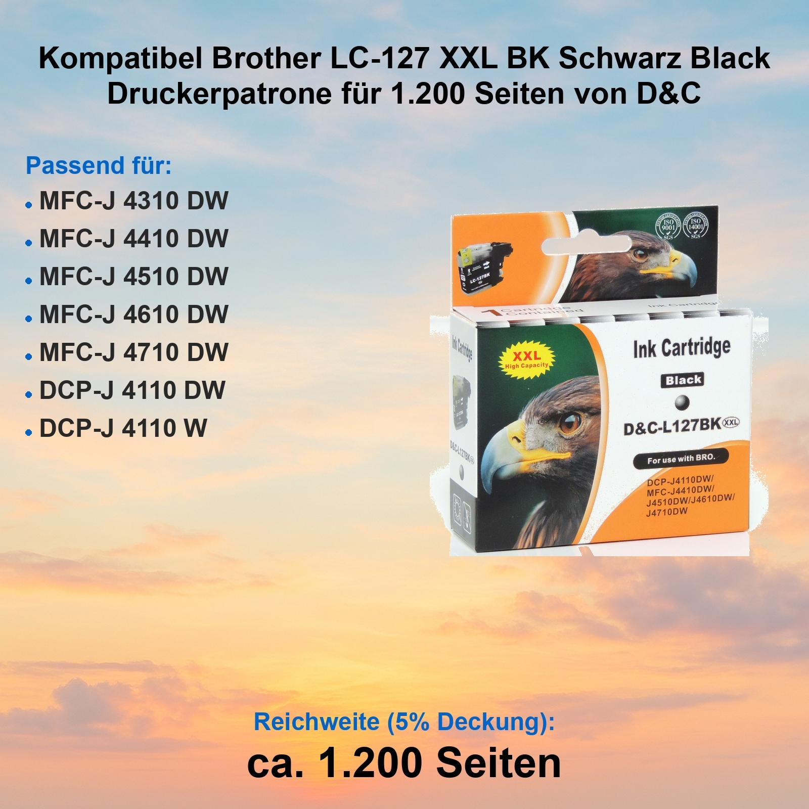 Tintenpatronenbox mit Adlerbild. Text: Kompatibel Brother LC-127 XXL BK. Listet Druckermodelle.