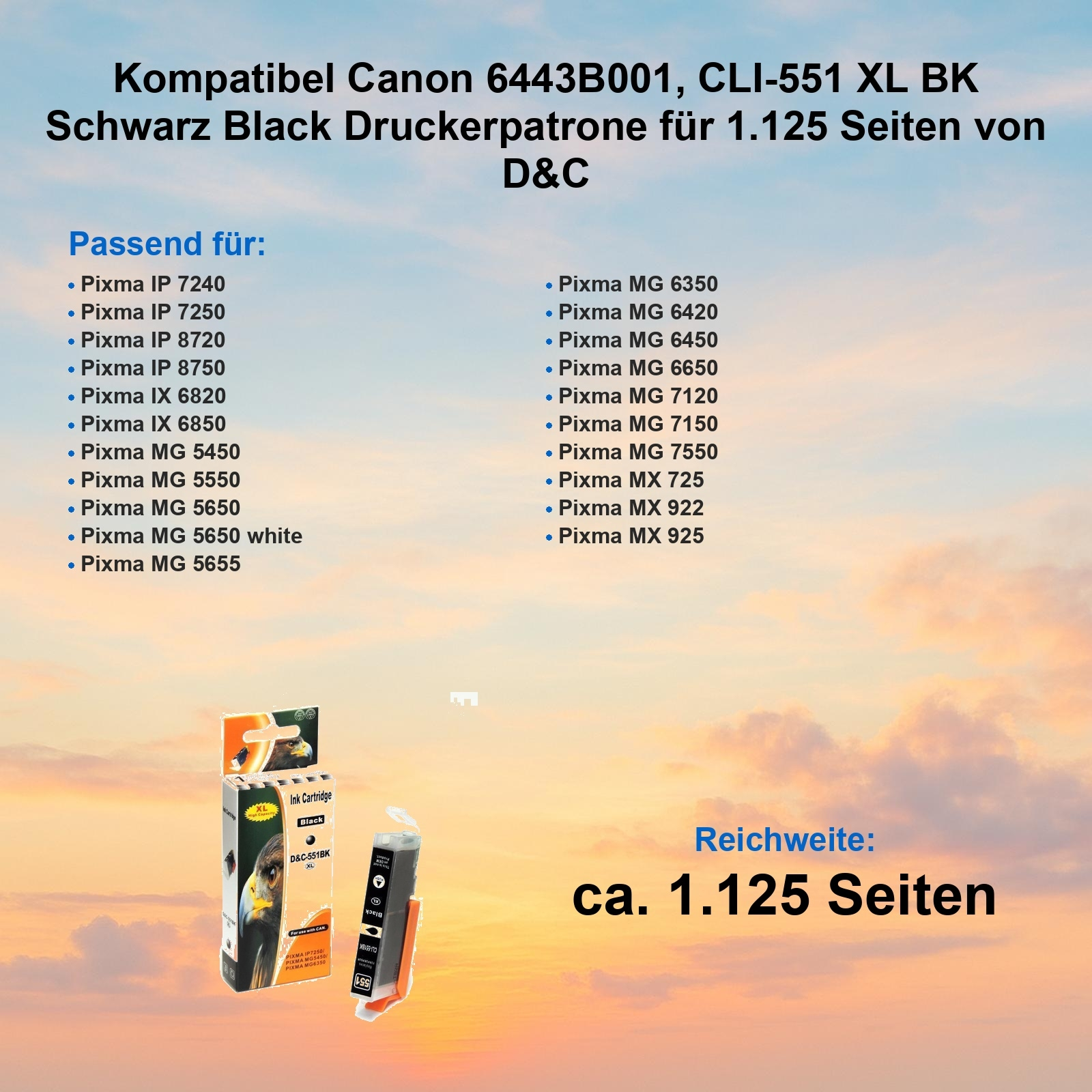 Das Bild zeigt eine schwarze Tintenpatronenbox, Produktdetails, kompatible Druckermodelle und Seitenleistung.