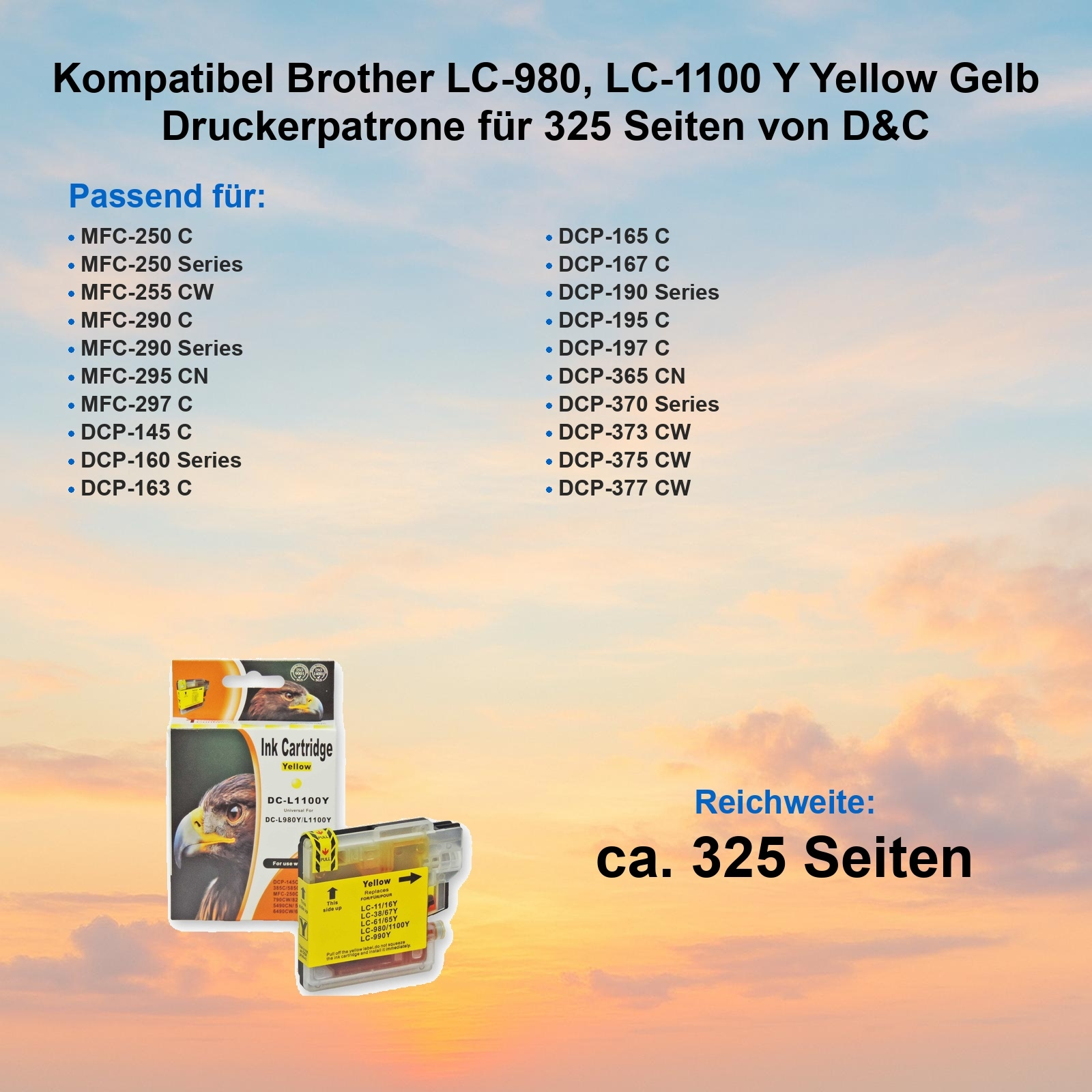 Gelbe Tintenpatrone mit Produktdetails und Kompatibilitätsliste. Liest 'ca. 325 Seiten'.