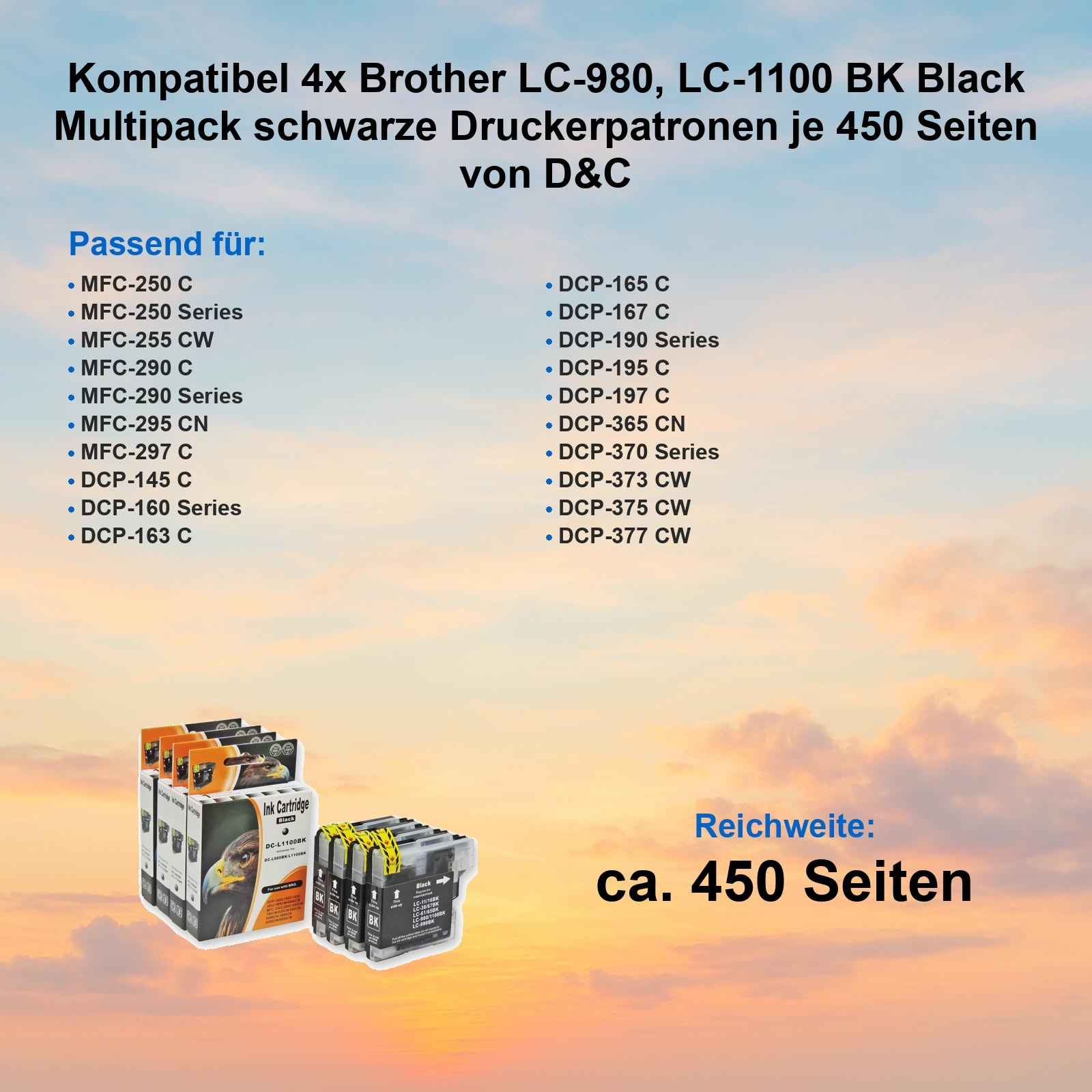 Das Bild zeigt schwarze Tintenpatronen und eine Schachtel mit einer Vogelgrafik. Text: Kompatibel mit Brother-Druckern. 450 Seiten.