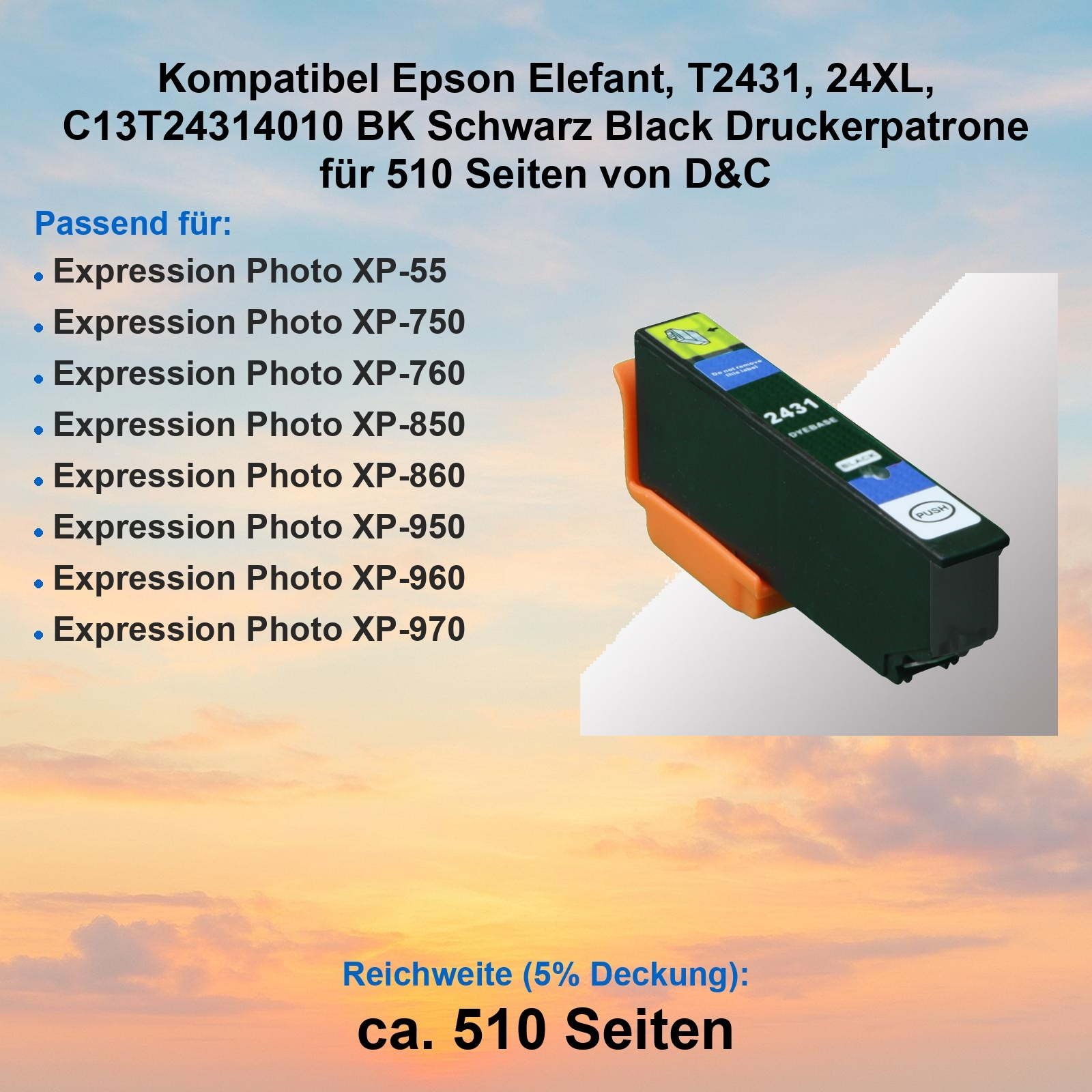 Eine schwarze und orange Tintenpatrone mit der Modellnummer 2431. Deutscher Text zeigt Kompatibilität und Seitenzahl an.