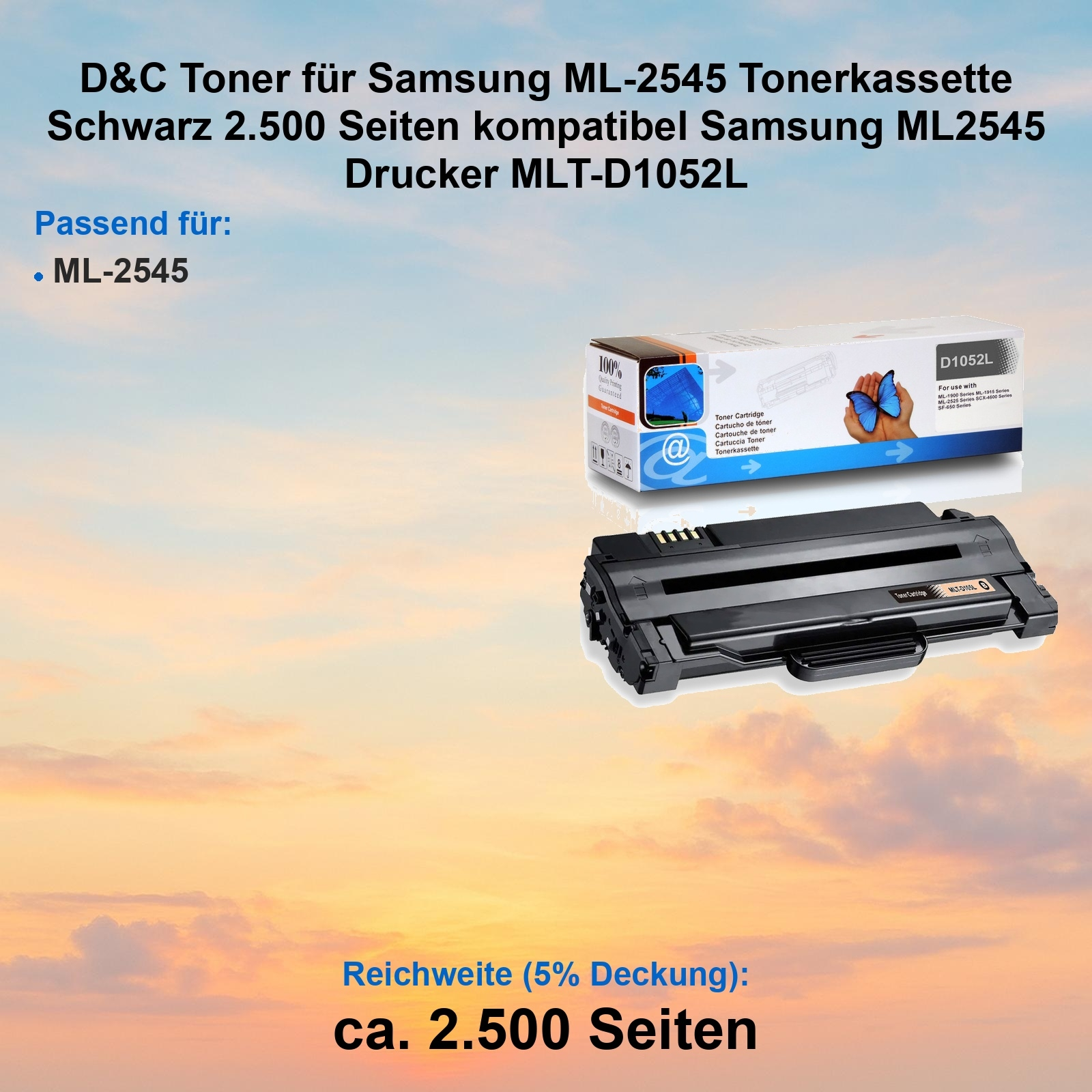 Das Bild zeigt Tonerkassetten für Samsung-Drucker. Der Text enthält Modellnummern und Seitenleistung.