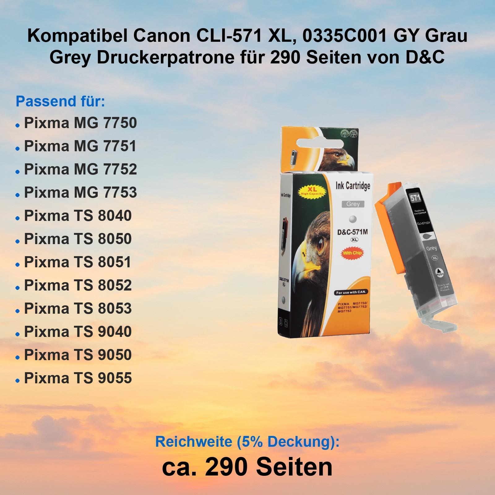 Tintenpatronenbox und Patrone. Produktdetails und Liste der kompatiblen Canon Pixma Drucker sind sichtbar.