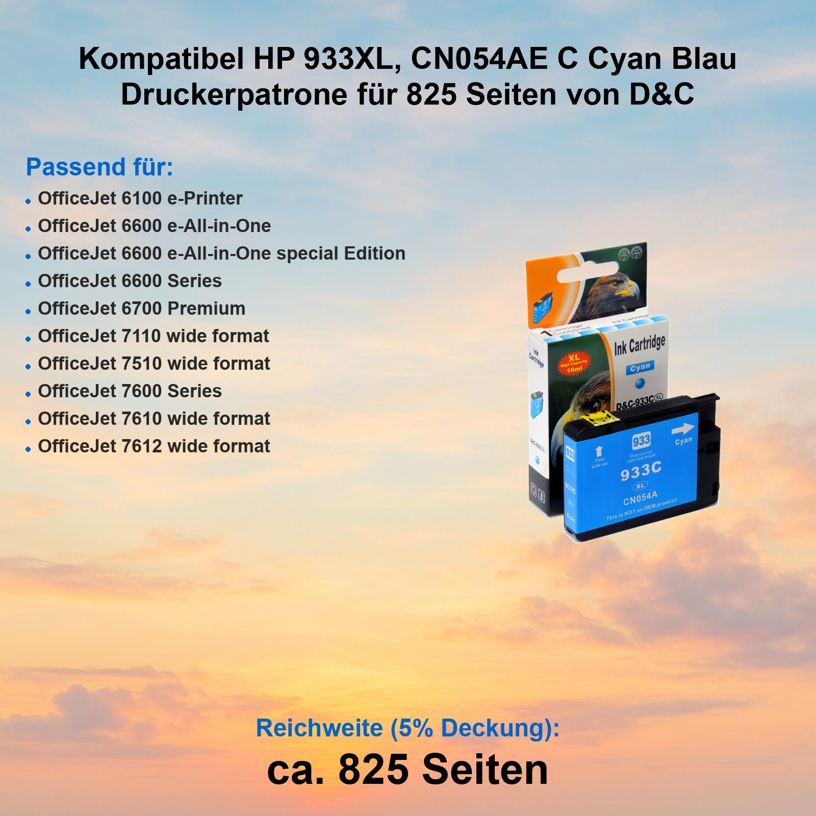 Blaue Tintenpatrone mit Box, Produktdetails und Liste kompatibler Drucker.