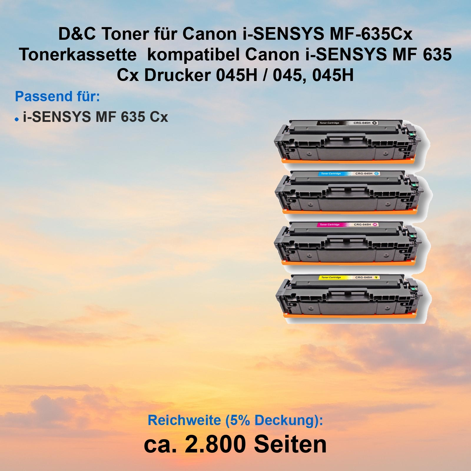 Vier Canon i-SENSYS-Drucker-Tonerkartuschen. Schwarz, Cyan, Magenta und Gelb. Hintergrund ist ein Farbverlauf.