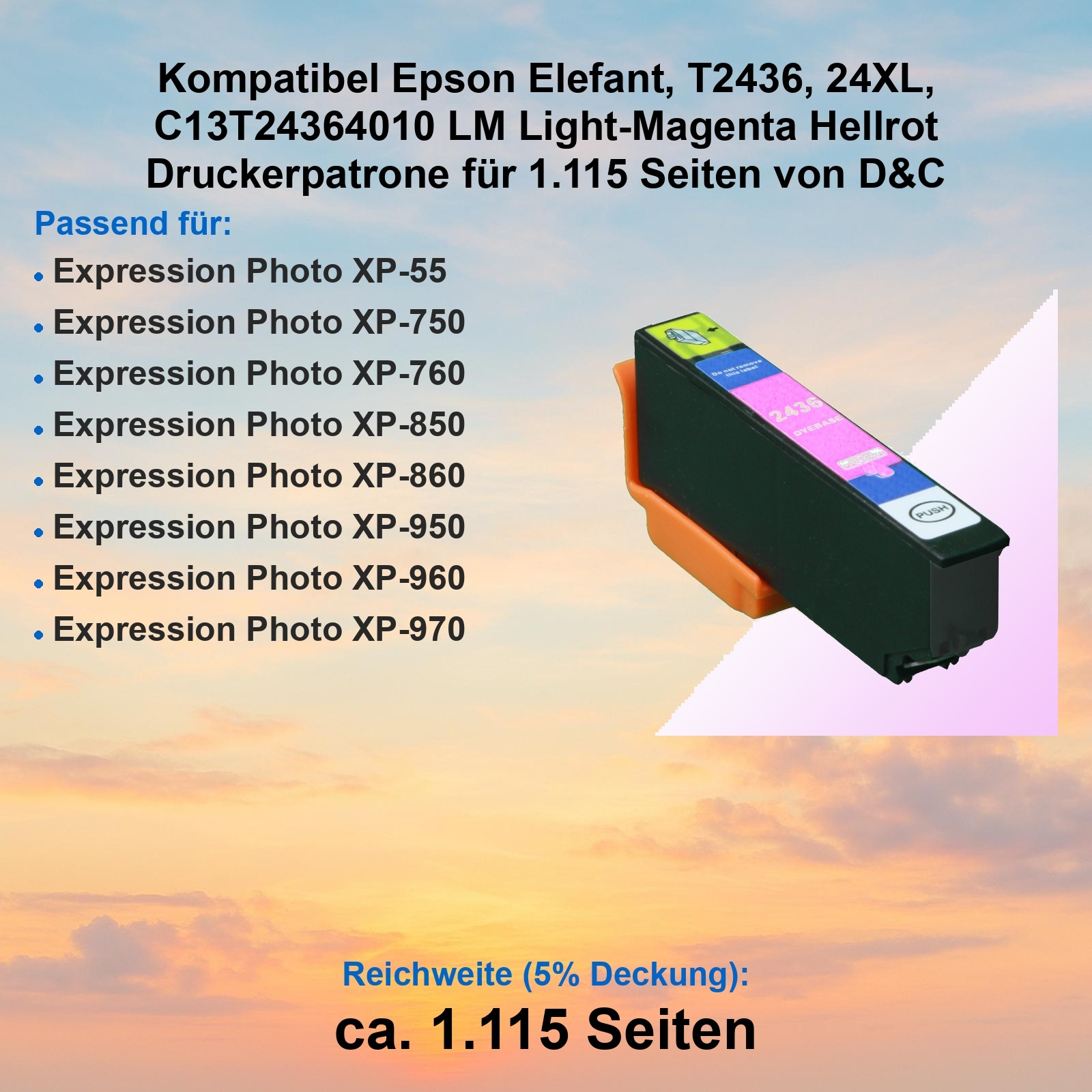 Eine Epson-Druckerpatrone. Text oben. Liste der kompatiblen Drucker unten. Eine magenta Patrone befindet sich auf der rechten Seite.