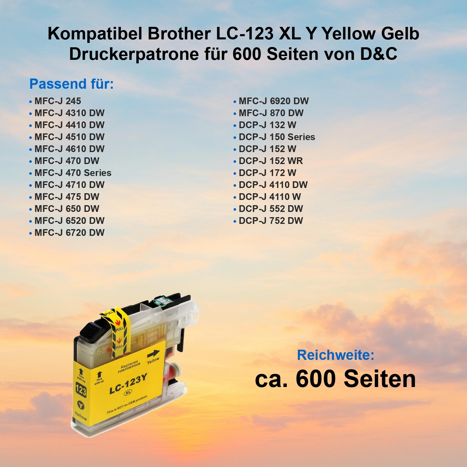 Gelbe Brother LC-123Y Tintenpatrone. Text zeigt Kompatibilität mit verschiedenen Druckermodellen. Ergiebigkeit ca. 600 Seiten.