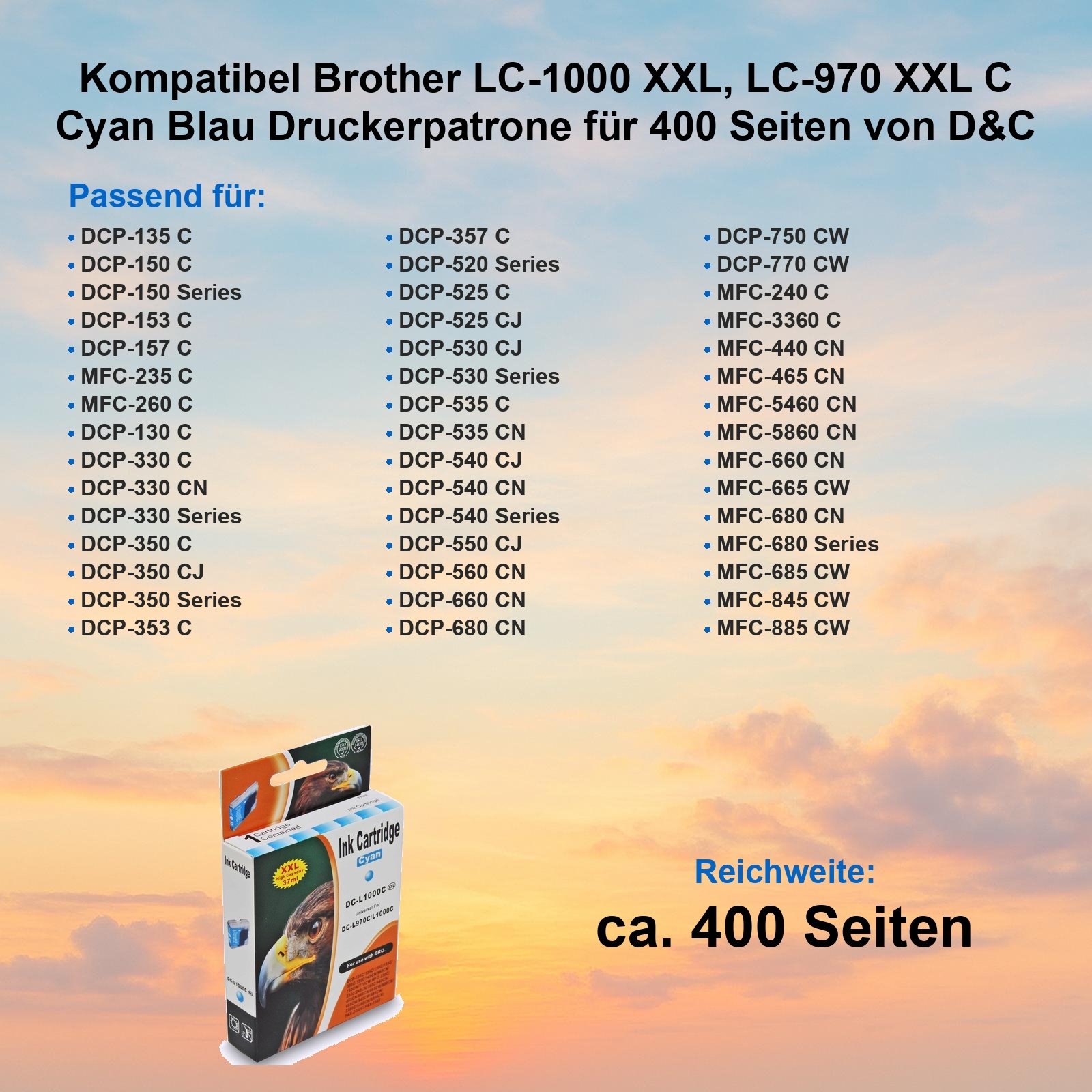 Tintenpatronenbox mit Text und einem Bild eines Adlers. Die Box ist cyan und orange. Text beinhaltet Druckermodelle.