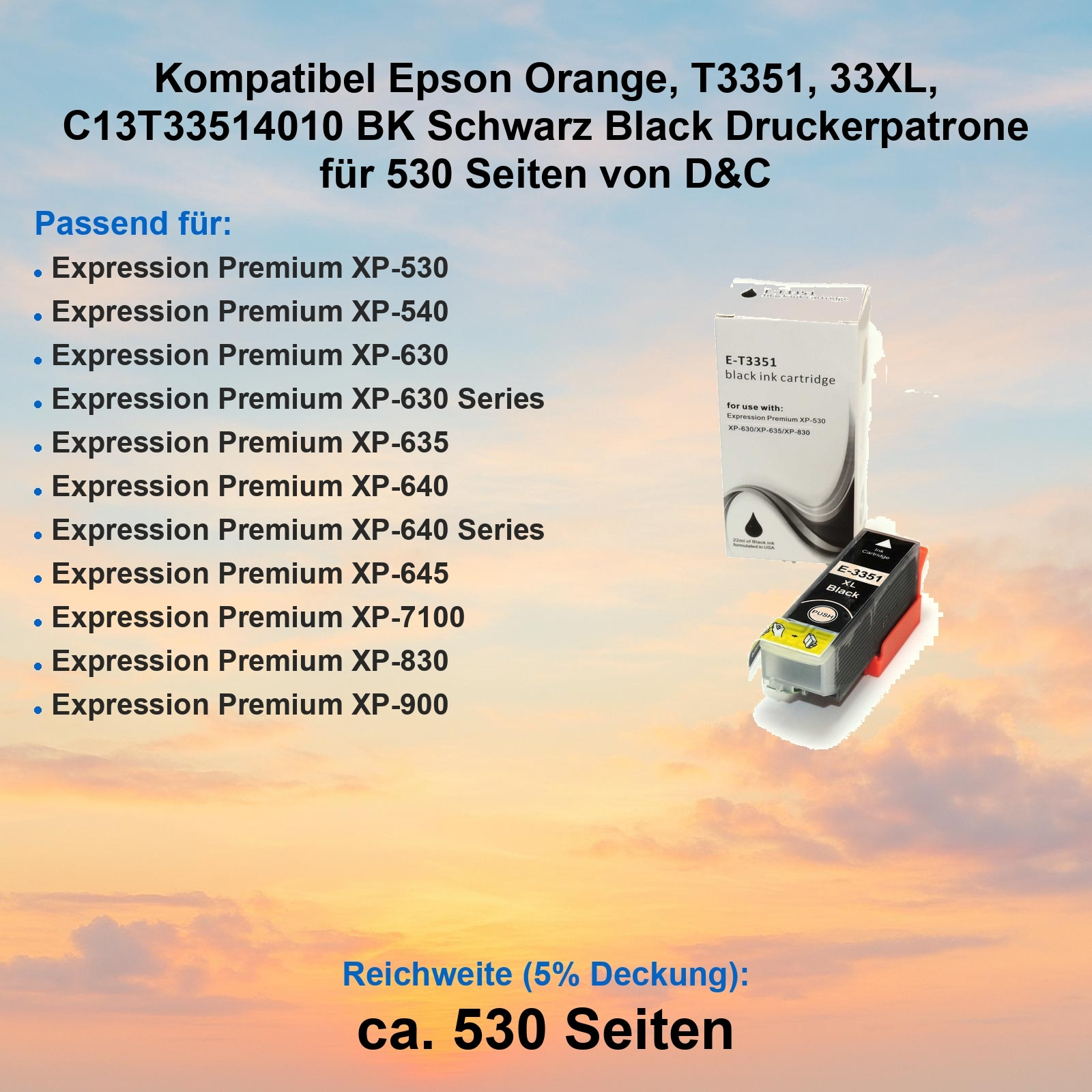 Das Bild zeigt eine Epson-Druckerpatrone mit Produktdetails und einer Liste kompatibler Drucker.