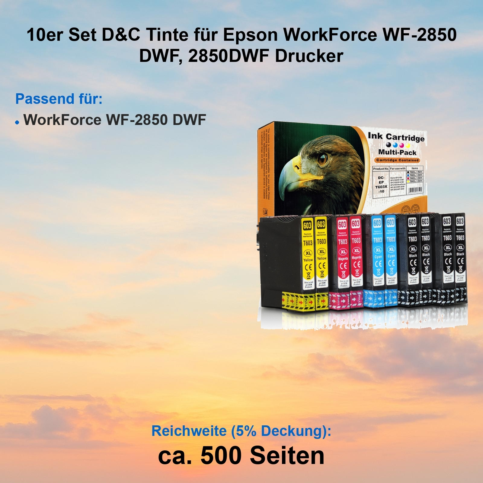 Ein Multipack-Tintenpatronen-Set für Epson-Drucker. Die Patronen sind schwarz, gelb, magenta und cyan. Der Hintergrund ist ein Sonnenuntergang.