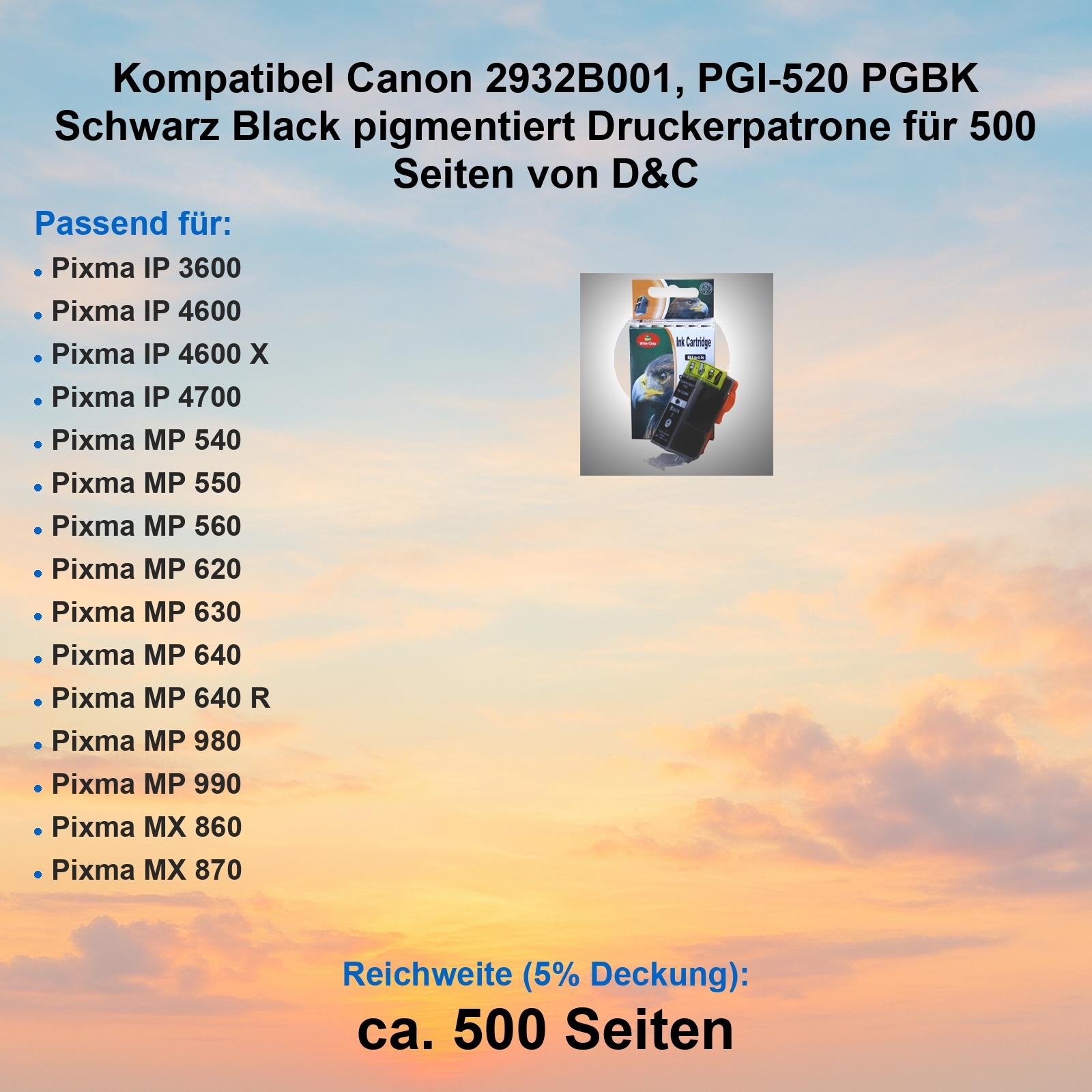 Eine Tintenpatronenbox mit einer schwarzen Patrone und dem Text 'Ink Cartridge Black' auf einem Himmel mit Farbverlauf.